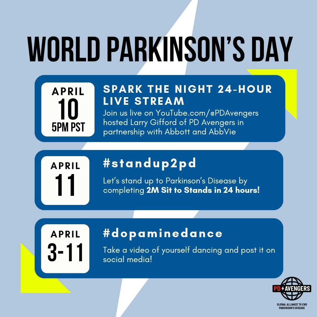 PDAvengers are wishing you a Happy World Parkinson&rsquo;s Day! 

April 10th 5 pm PST: SPARK THE NIGHT | World Parkinson's Day 24-Hour Live Stream
▶️Join us on YouTube.com/@PDAvengers hosted @larrygifford1 of PD Avengers in partnership with @abbottgl