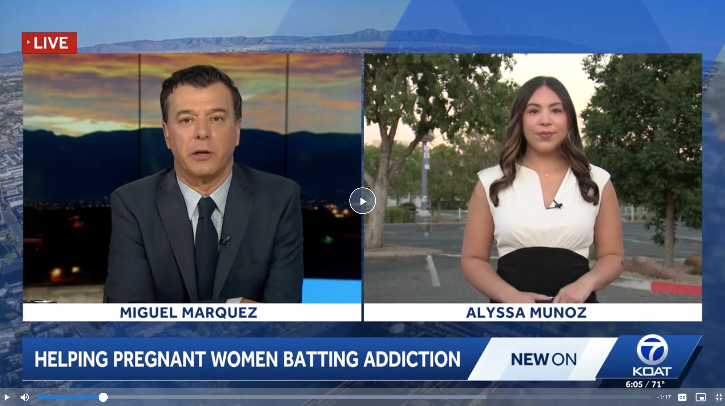 Two reporters on screen with story caption from KOAT 7 "Helping Pregnant Women Batting Addiction"
