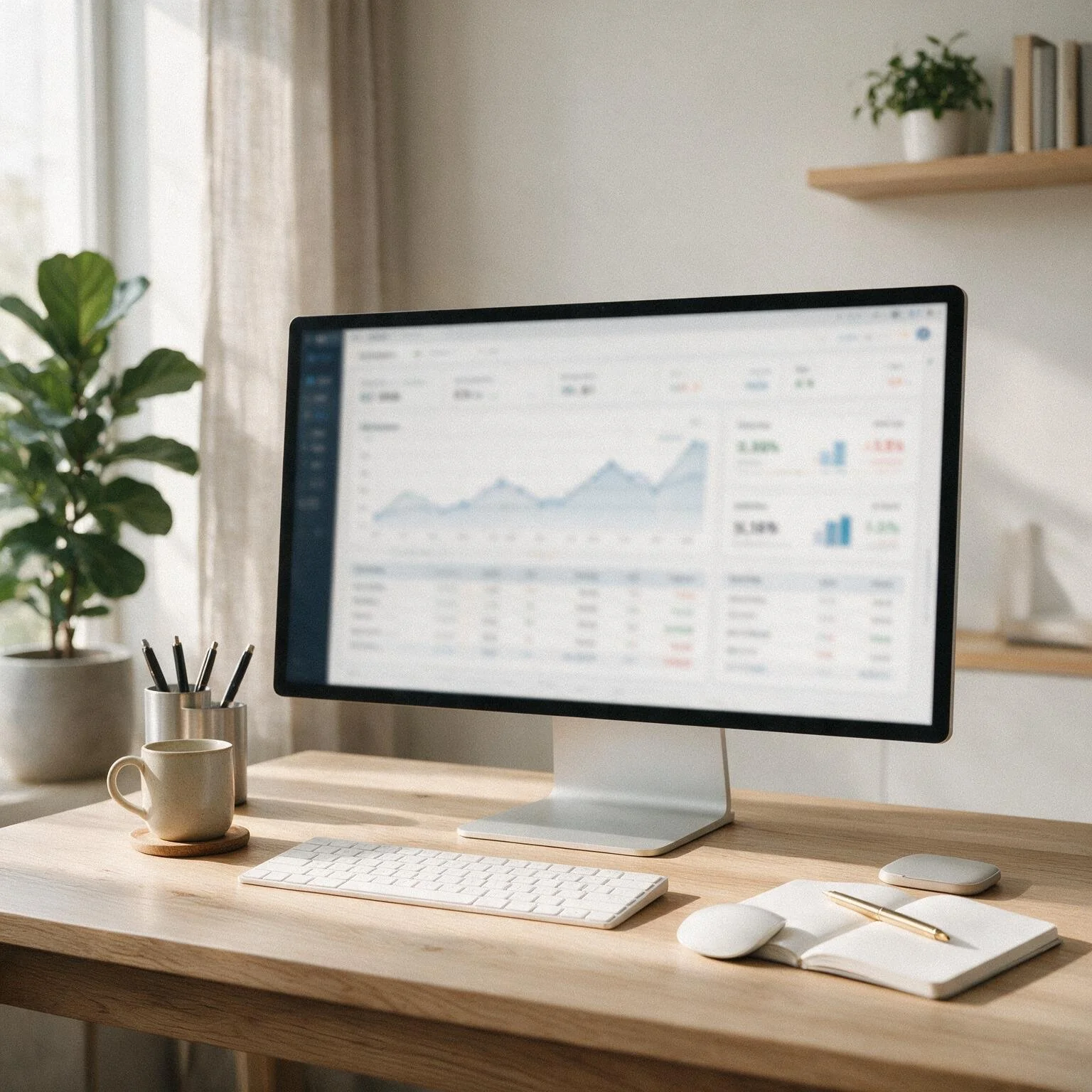 A clean and aesthetic shot of an open financial dashboard on a computer screen, featuring blurred graphs, tables, and KPIs, symbolizing deep financial analysis in a professional workspace