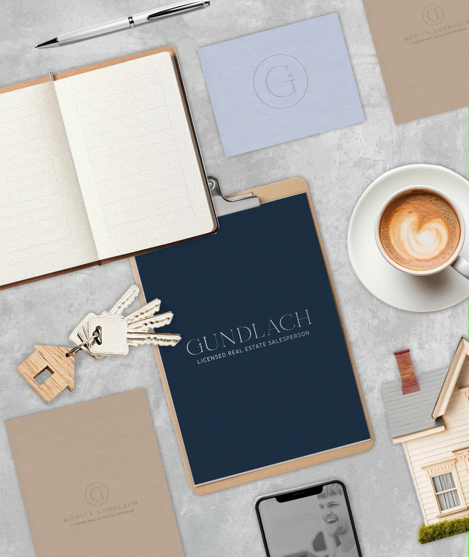 Brand visuals and digital assets created for Mónica Gundlach, a real estate personal brand designed to communicate trust, professionalism and approachability