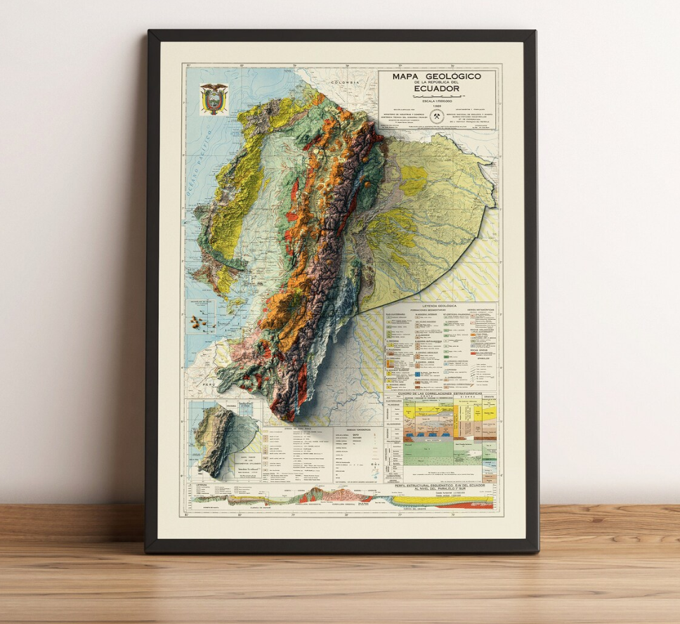 Textured 3D topographic map of Ecuador with colourful elevation layers and legend.