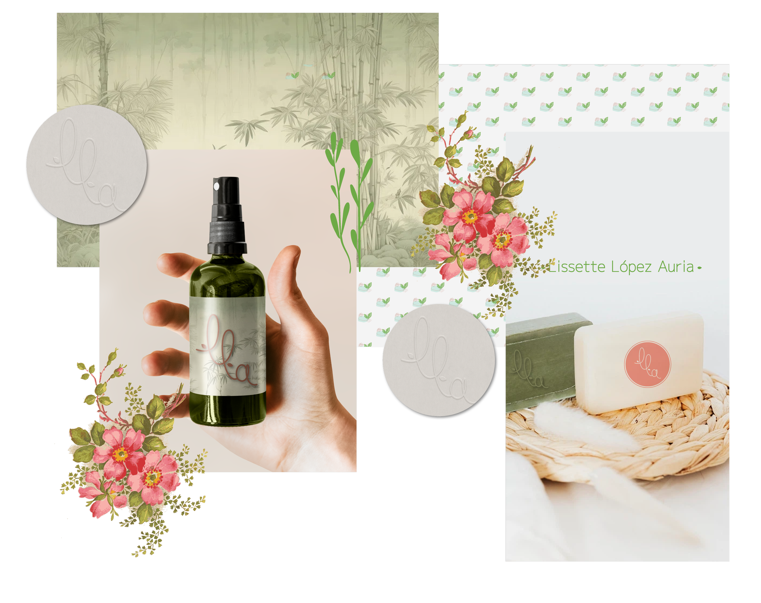 Branding mockups for Lissette López, highlighting Clarity Audit, Branding Kit, and 1:1 Mentoring for natural wellbeing
