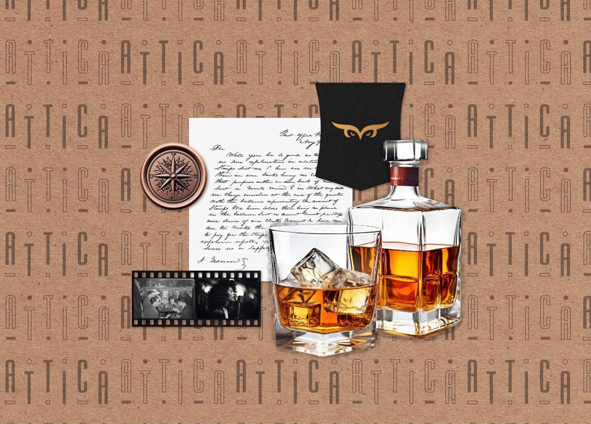 Brand identity applications and visual mockups for Attica, a rooftop club with a refined nightlife concept.