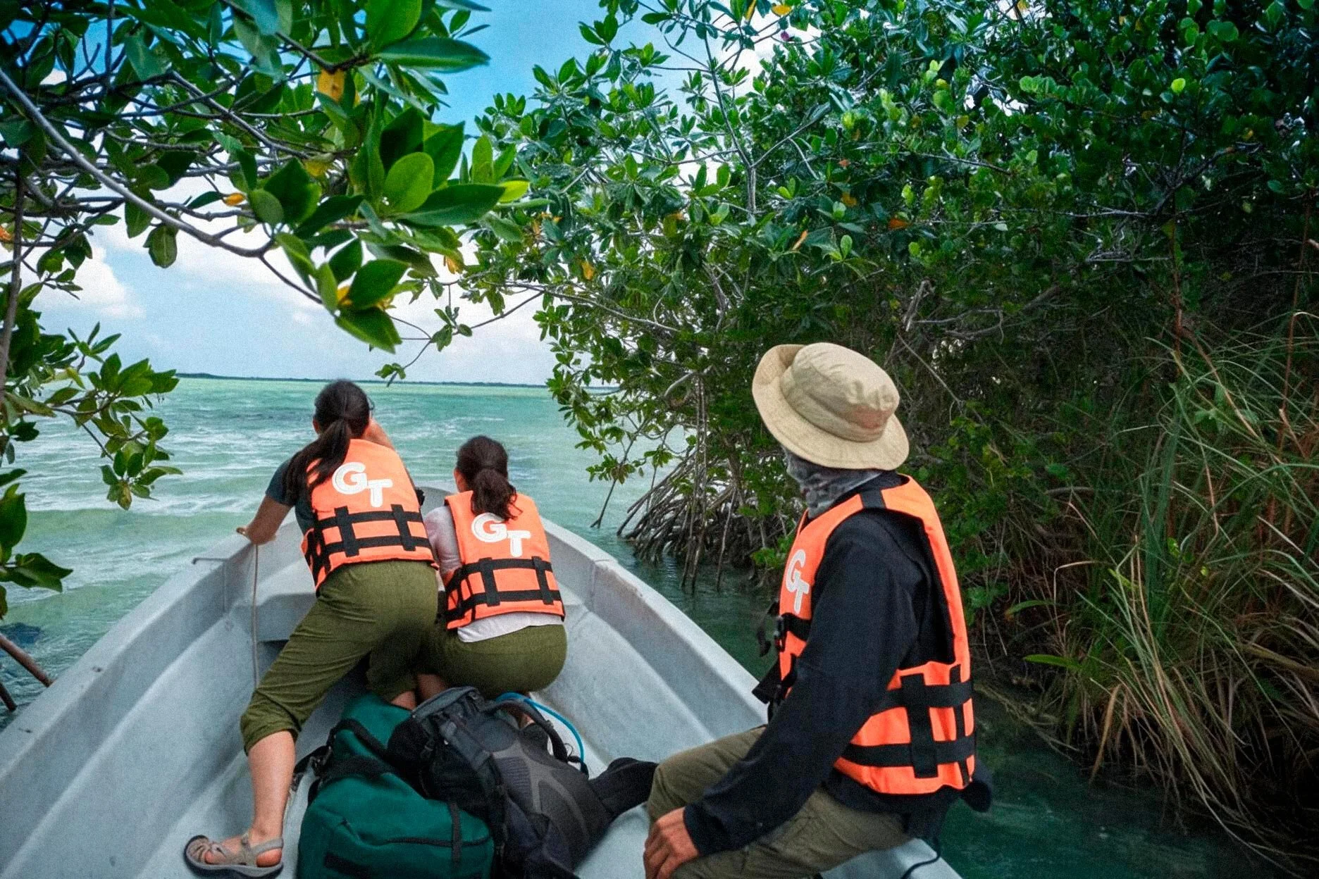 Three people in a boat wearing branded life vests in mangroves