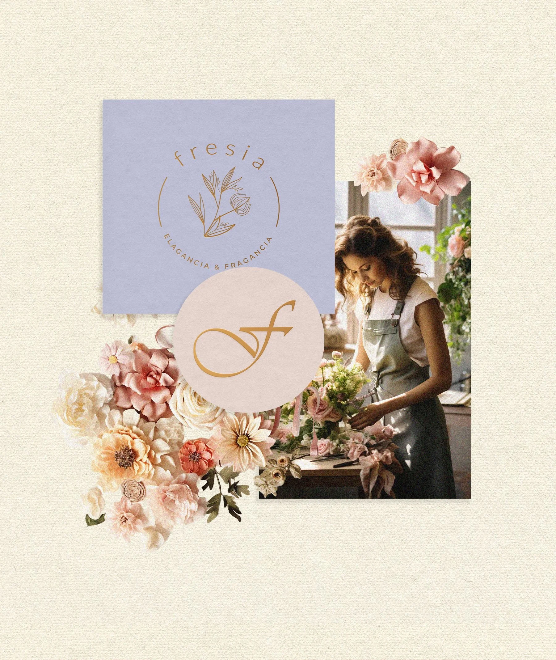 Brand identity applications and visual mockups for Fresia, a floral brand rooted in heritage and contemporary expression.
