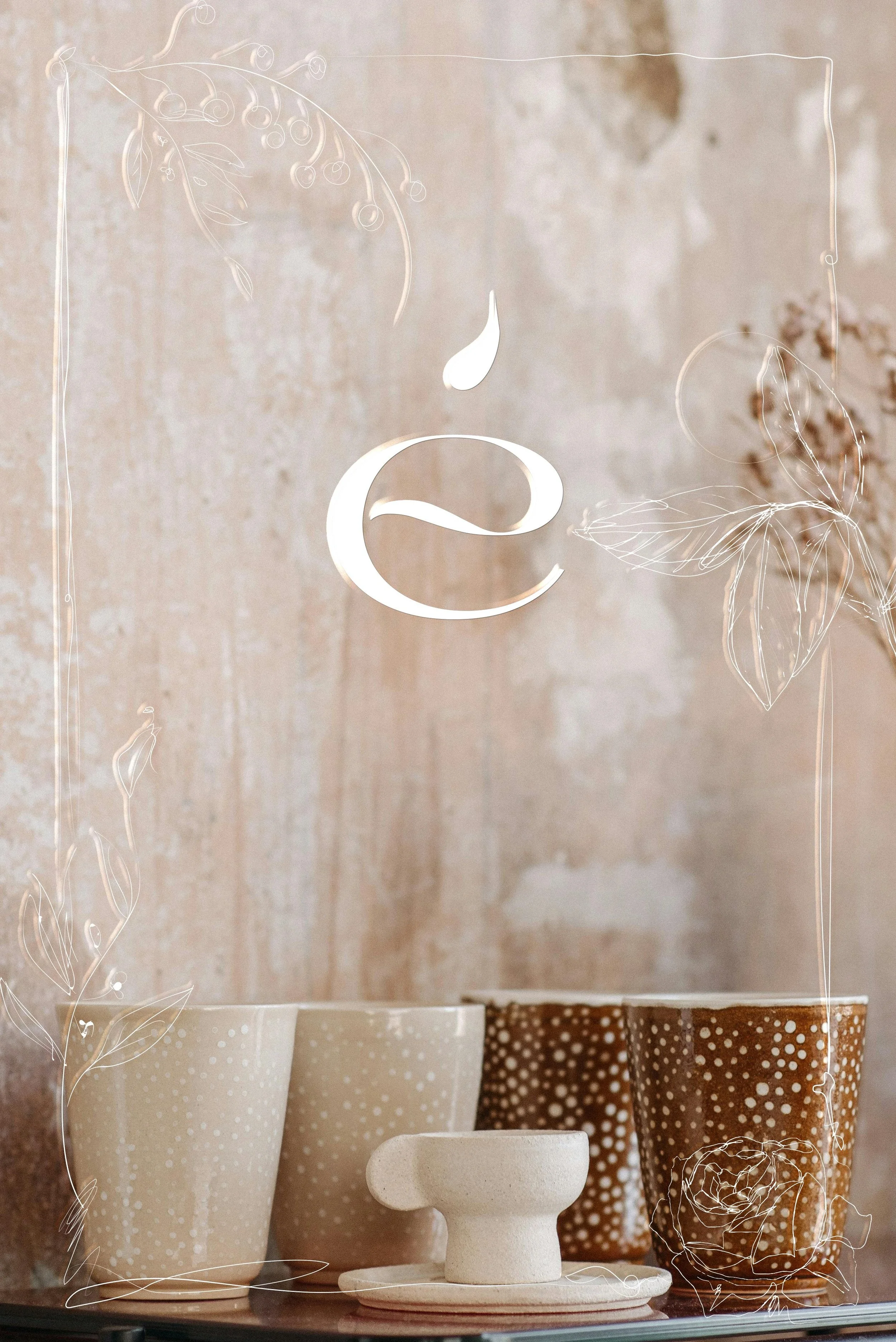 Branding mockups for Eutopía, highlighting Branding Kit and 1:1 Mentoring applied to handcrafted products for peaceful home living