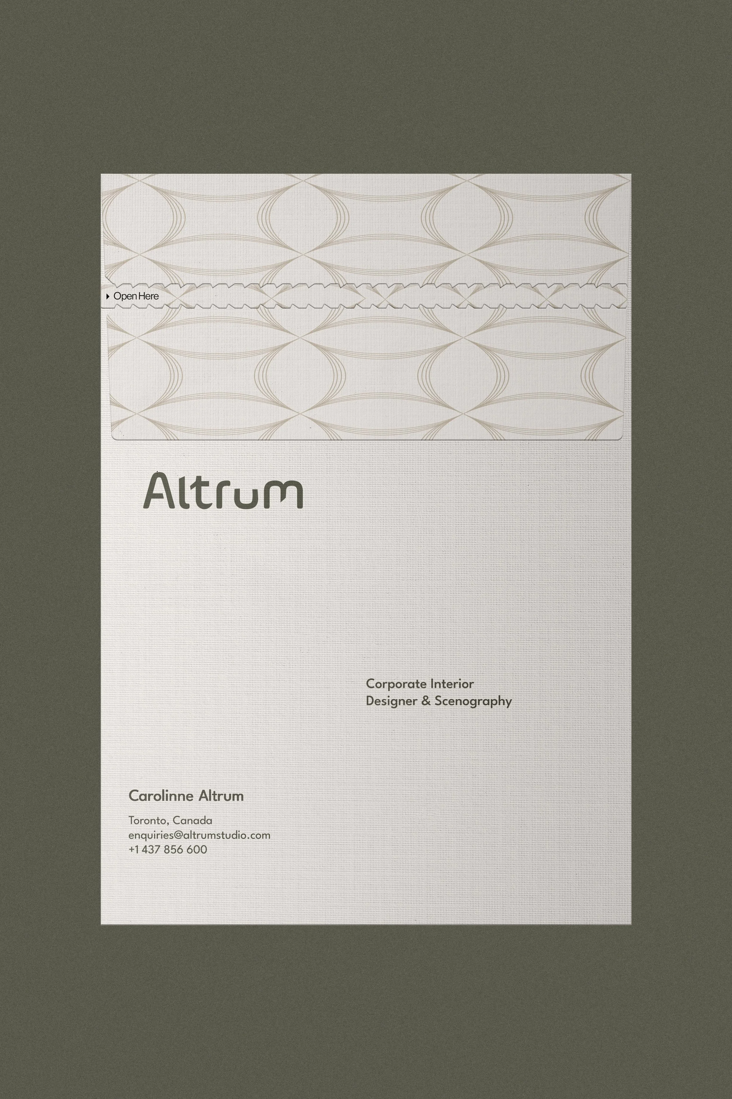 Corporate stationery envelope featuring Altrum branding and contact info.
