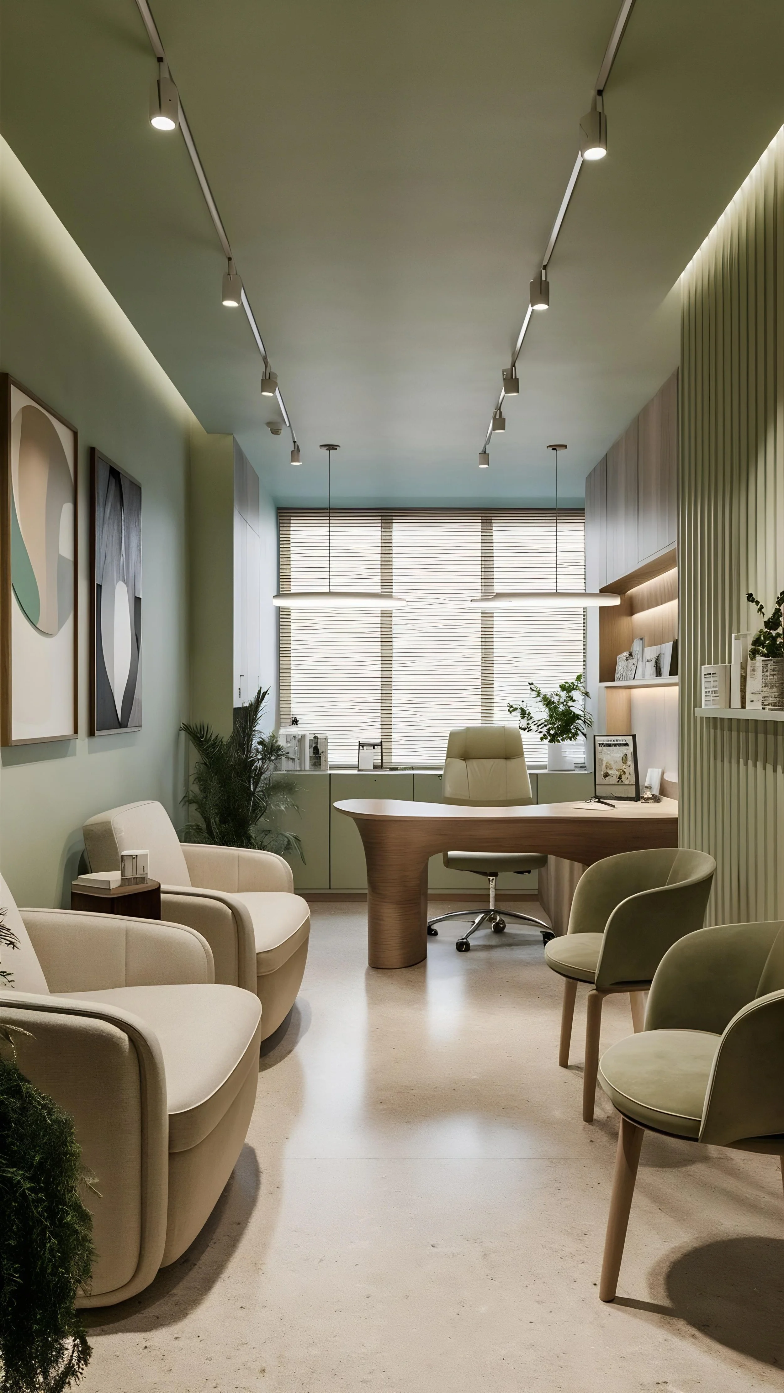 Modern doctor's office interior with serene pastel green decor.