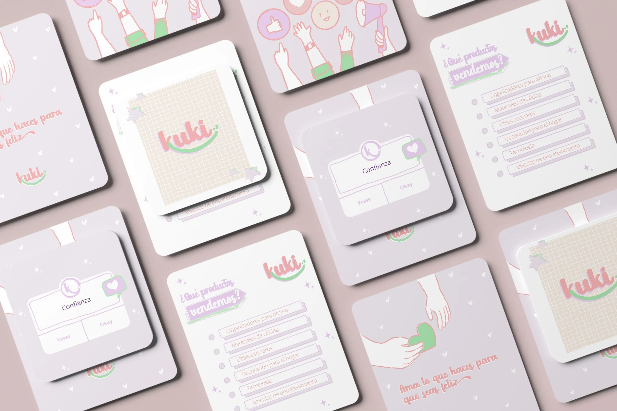 Branding mockups for KUKI, highlighting Clarity Audit, Branding Kit, and 1:1 Mentoring for organised and harmonious study spaces