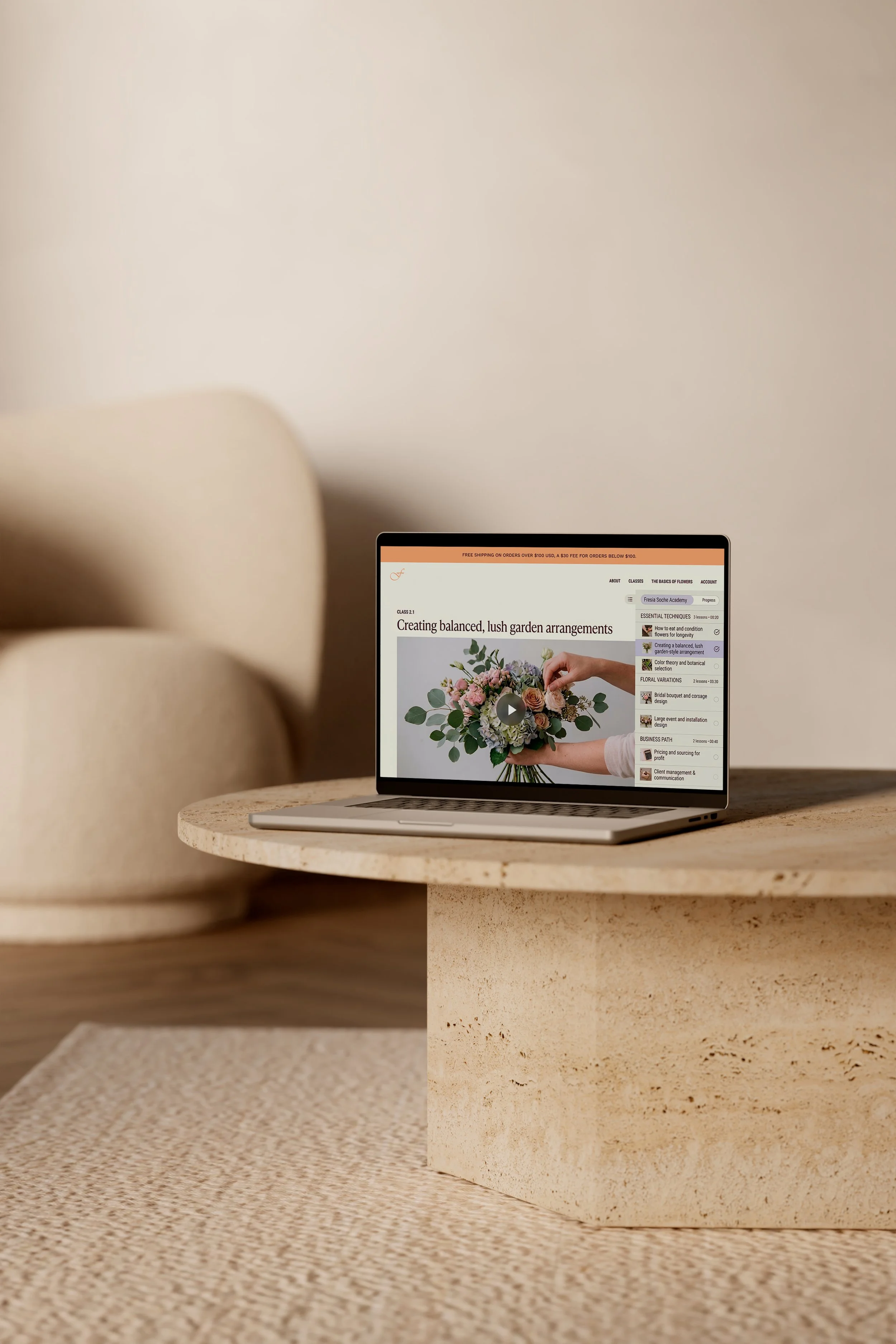 A high-fidelity desktop interface mockup for "Fresia Soche Academy". The screen displays a floral design lesson titled 'Creating balanced, lush garden arrangements' with a video player and a structured curriculum sidebar in muted lavender tones.