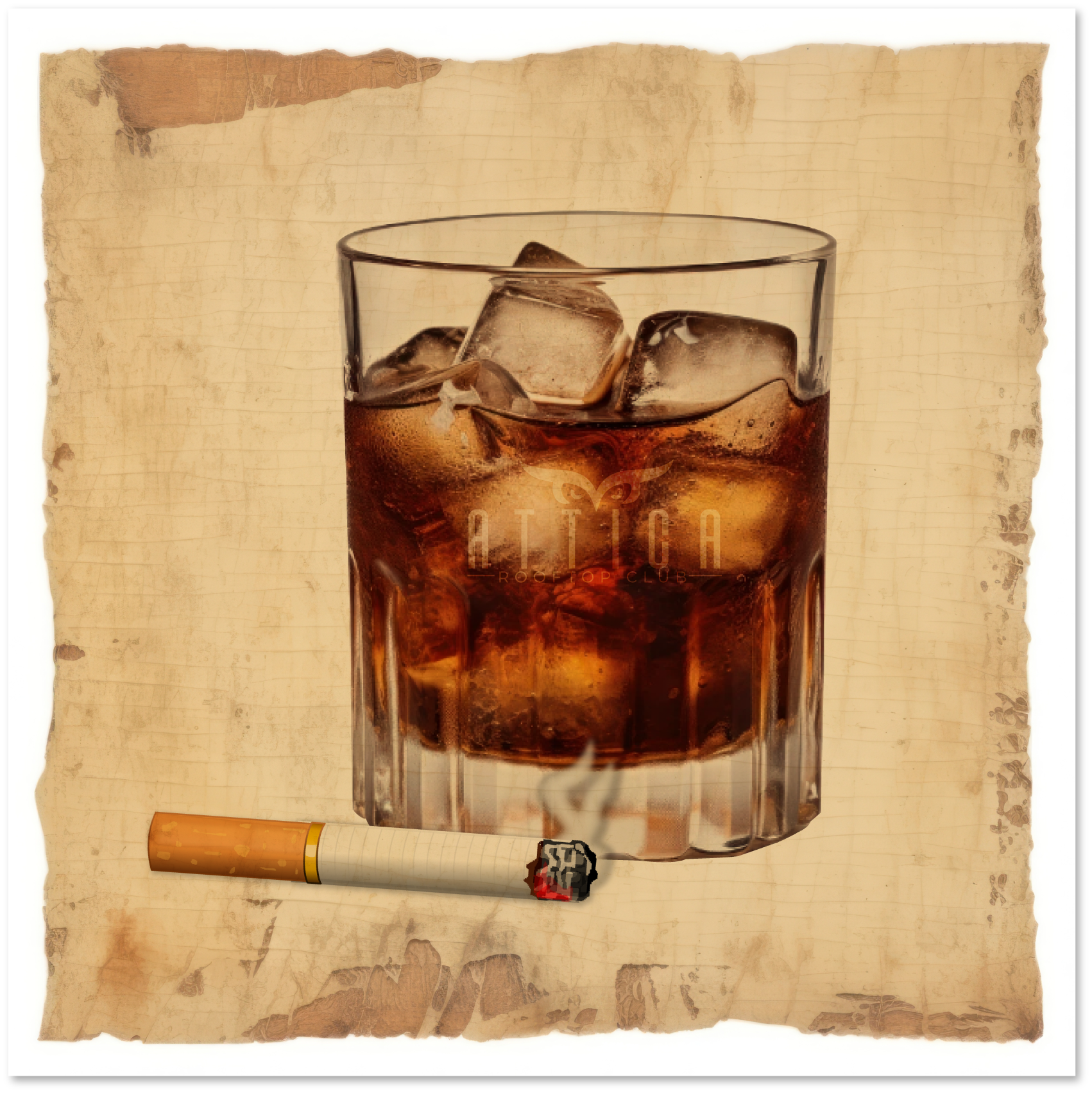 Brand identity applications and visual mockups for Attica, a rooftop club with a refined nightlife concept.