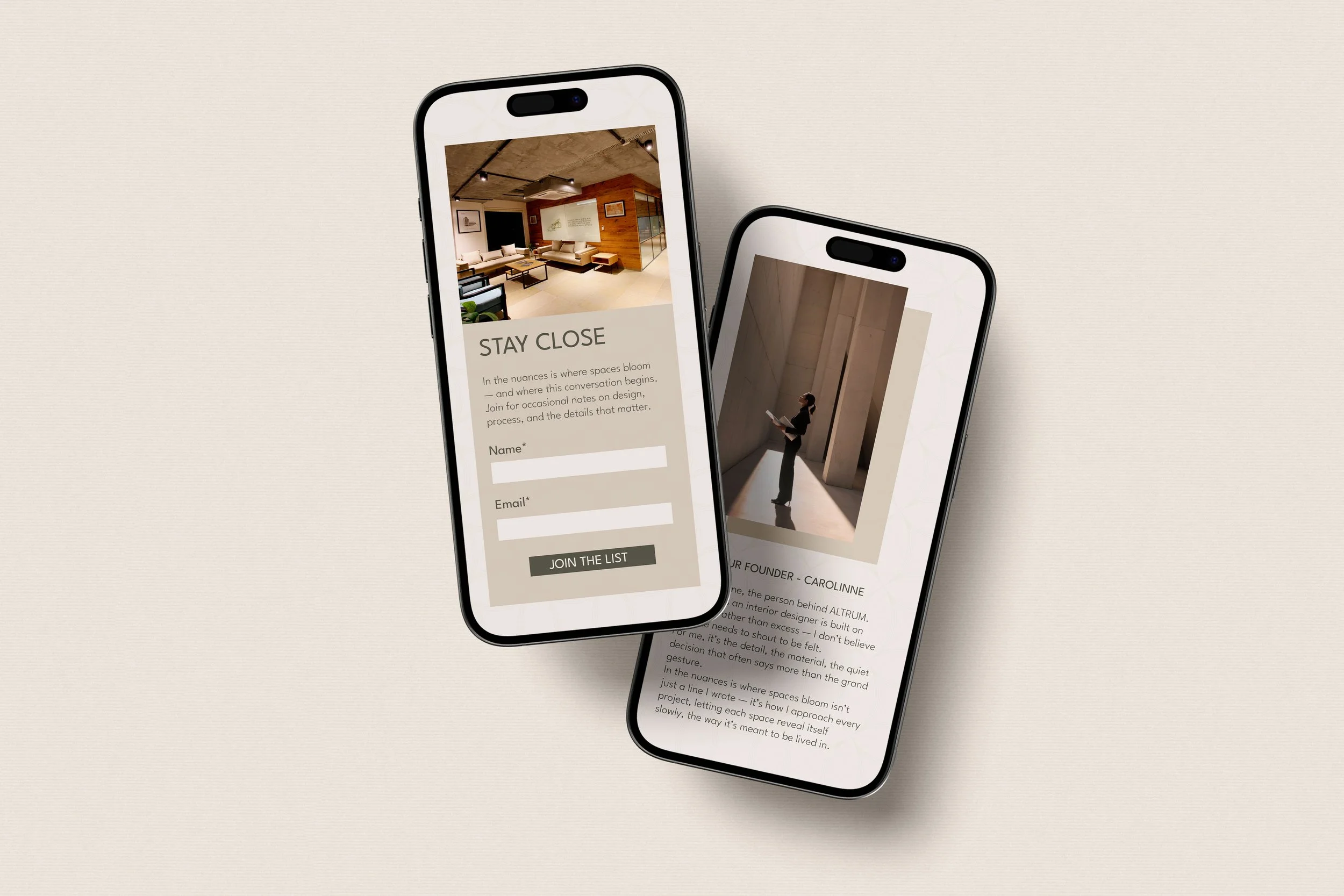 Two smartphones showing Altrum's newsletter and founder bio.