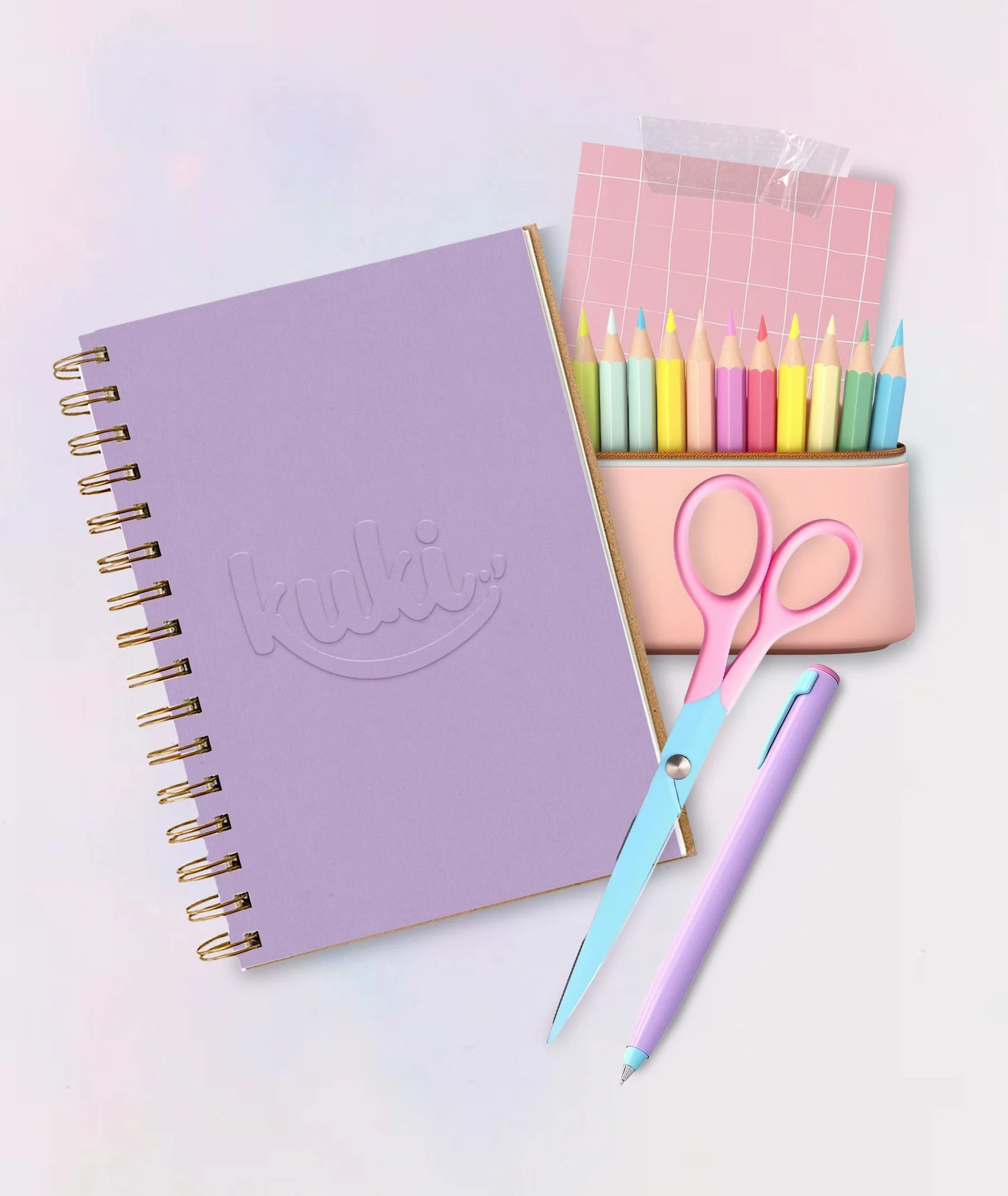 Branding mockups for KUKI, highlighting Clarity Audit, Branding Kit, and 1:1 Mentoring for organised and harmonious study spaces