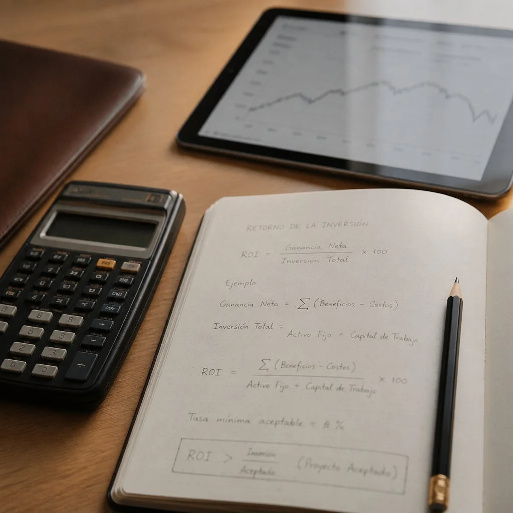 A sophisticated and clean workspace setup featuring a calculator, a notebook with handwritten financial ROI formulas in Spanish, and an iPad, symbolizing a rigorous and multi-dimensional approach to financial analysis
