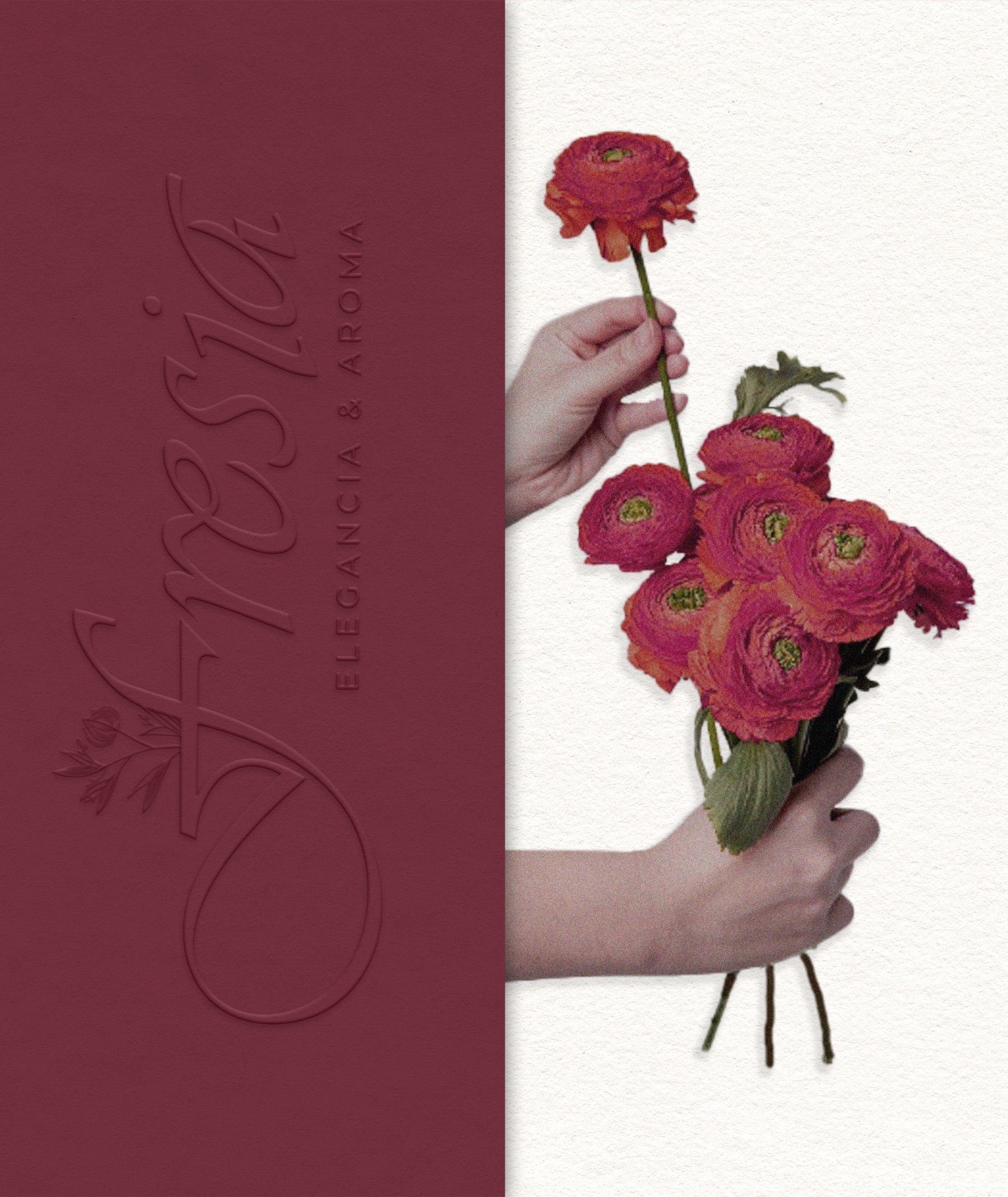 Brand identity applications and visual mockups for Fresia, a floral brand rooted in heritage and contemporary expression.