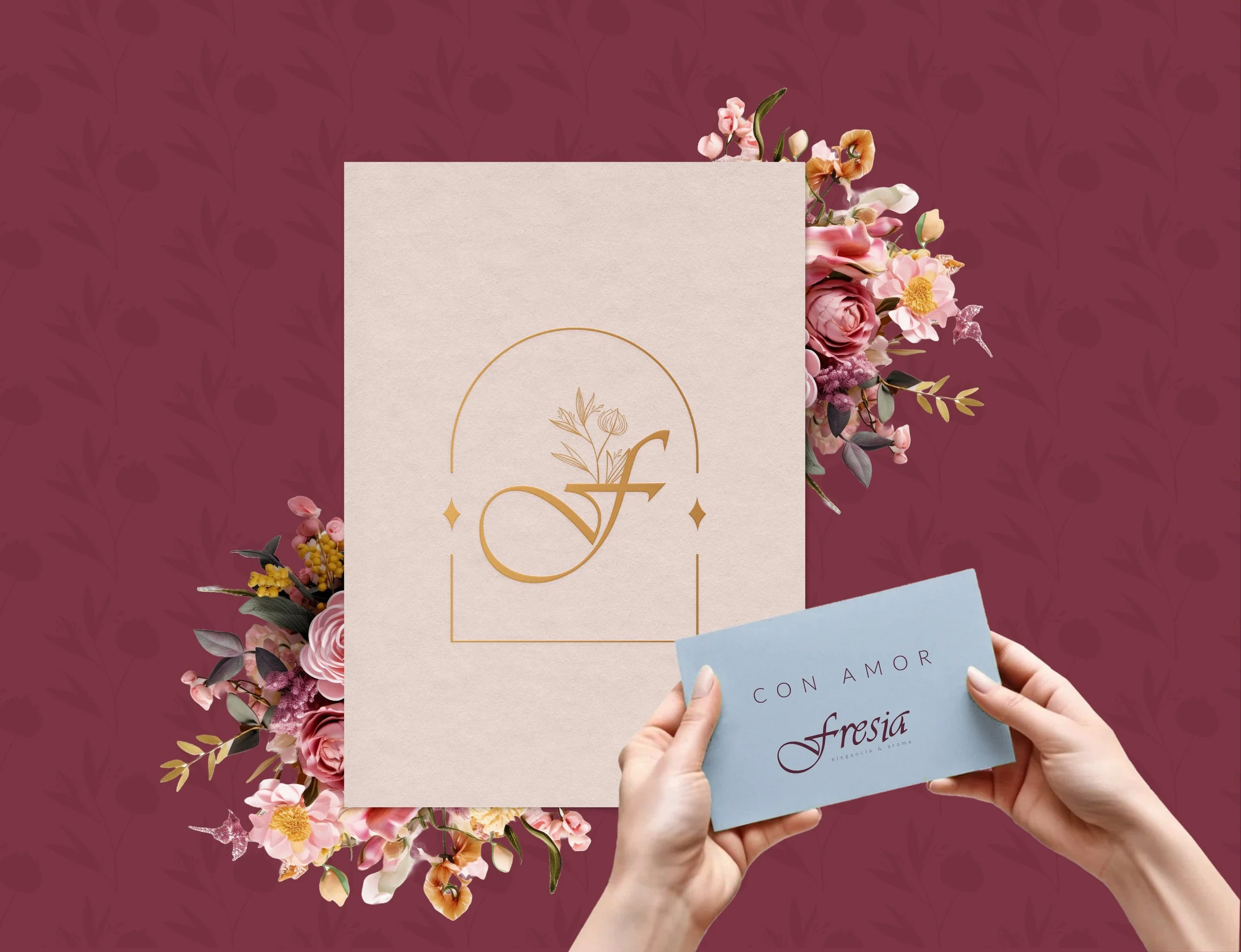 Brand identity applications and visual mockups for Fresia, a floral brand rooted in heritage and contemporary expression.