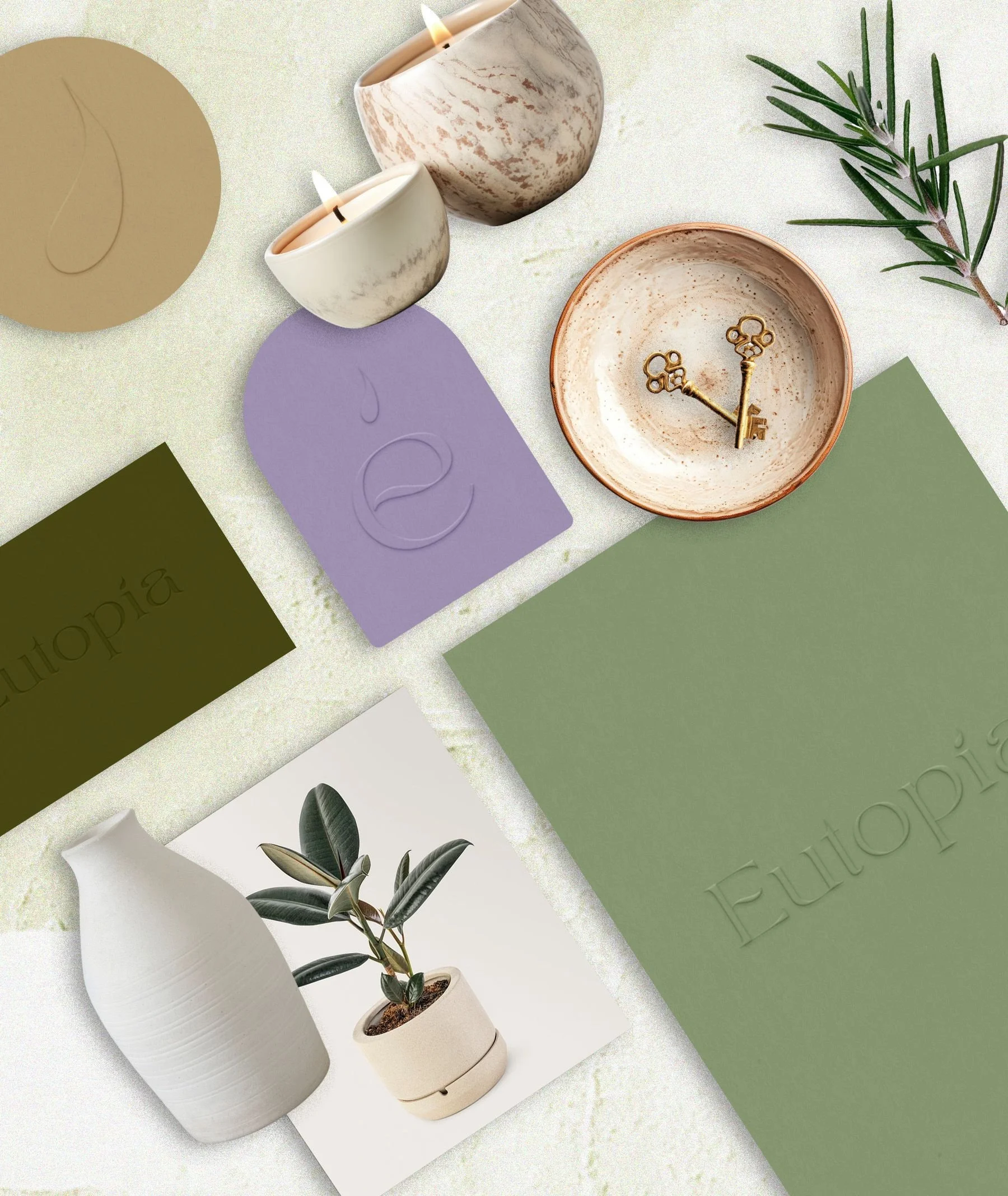 Branding mockups for Eutopía, highlighting Branding Kit and 1:1 Mentoring applied to handcrafted products for peaceful home living