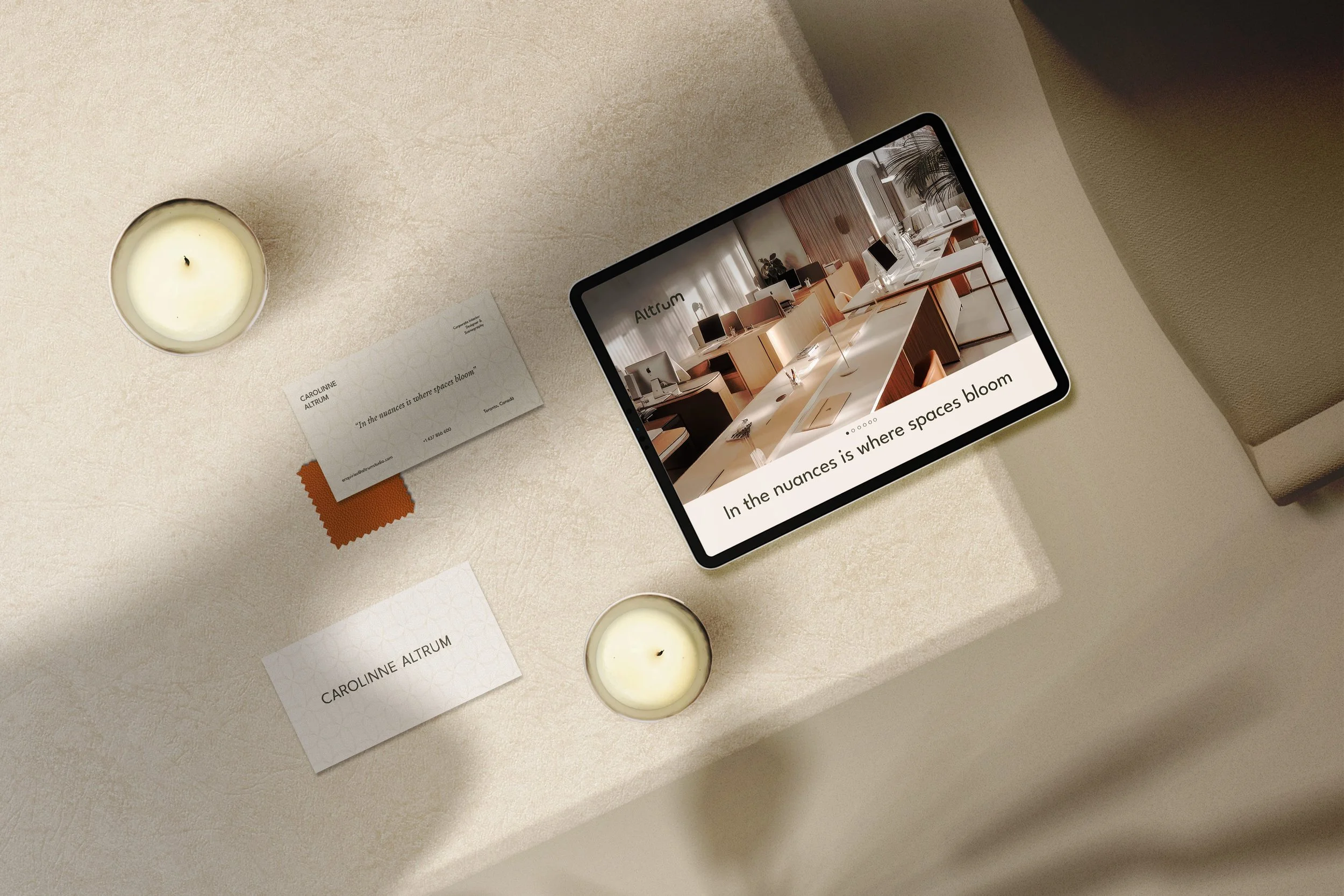 Altrum brand website: woman holding blueprints in a brutalist space.