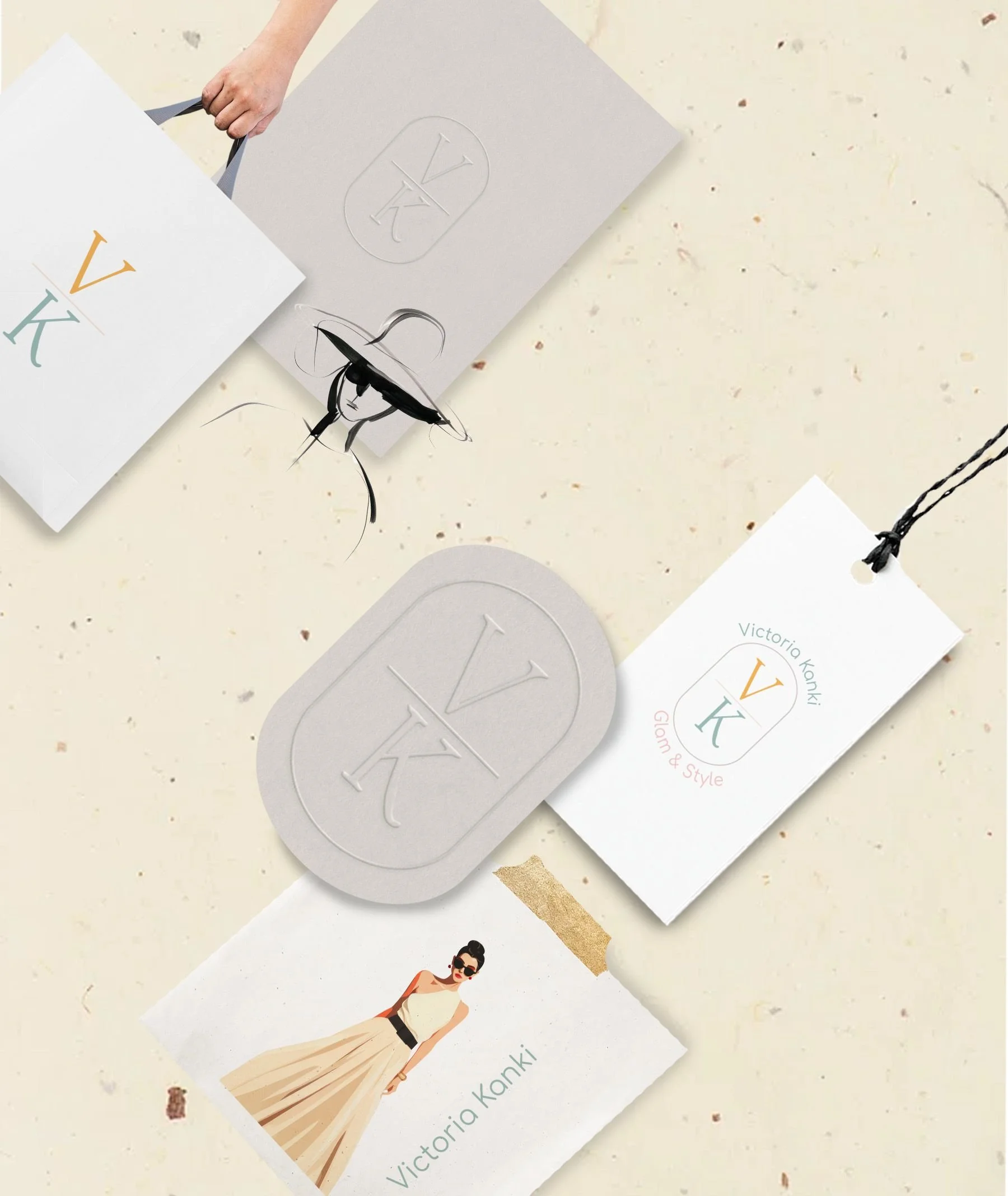Branding mockups for Victoria Kanki, showcasing Branding Kit and 1:1 Mentoring to present her personal brand and dressmaking expertise