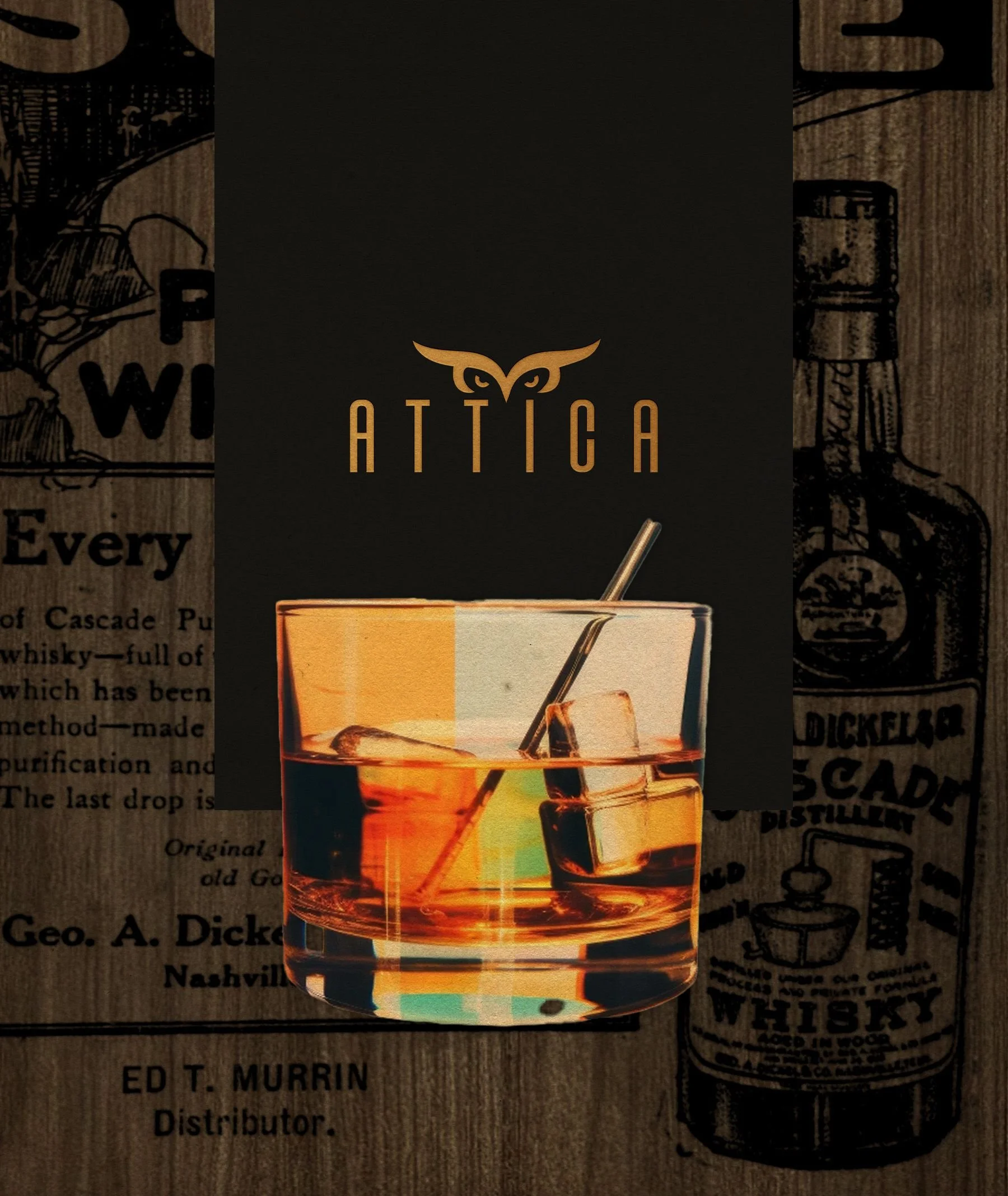 Brand identity applications and visual mockups for Attica, a rooftop club with a refined nightlife concept.
