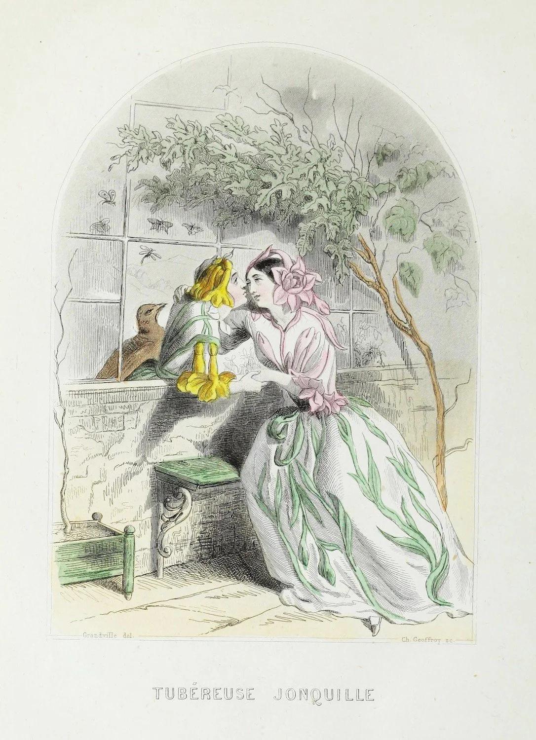 A 19th-century style illustration of a woman in a floral dress kissing a frog prince at a window, with a bird, butterflies, and foliage visible