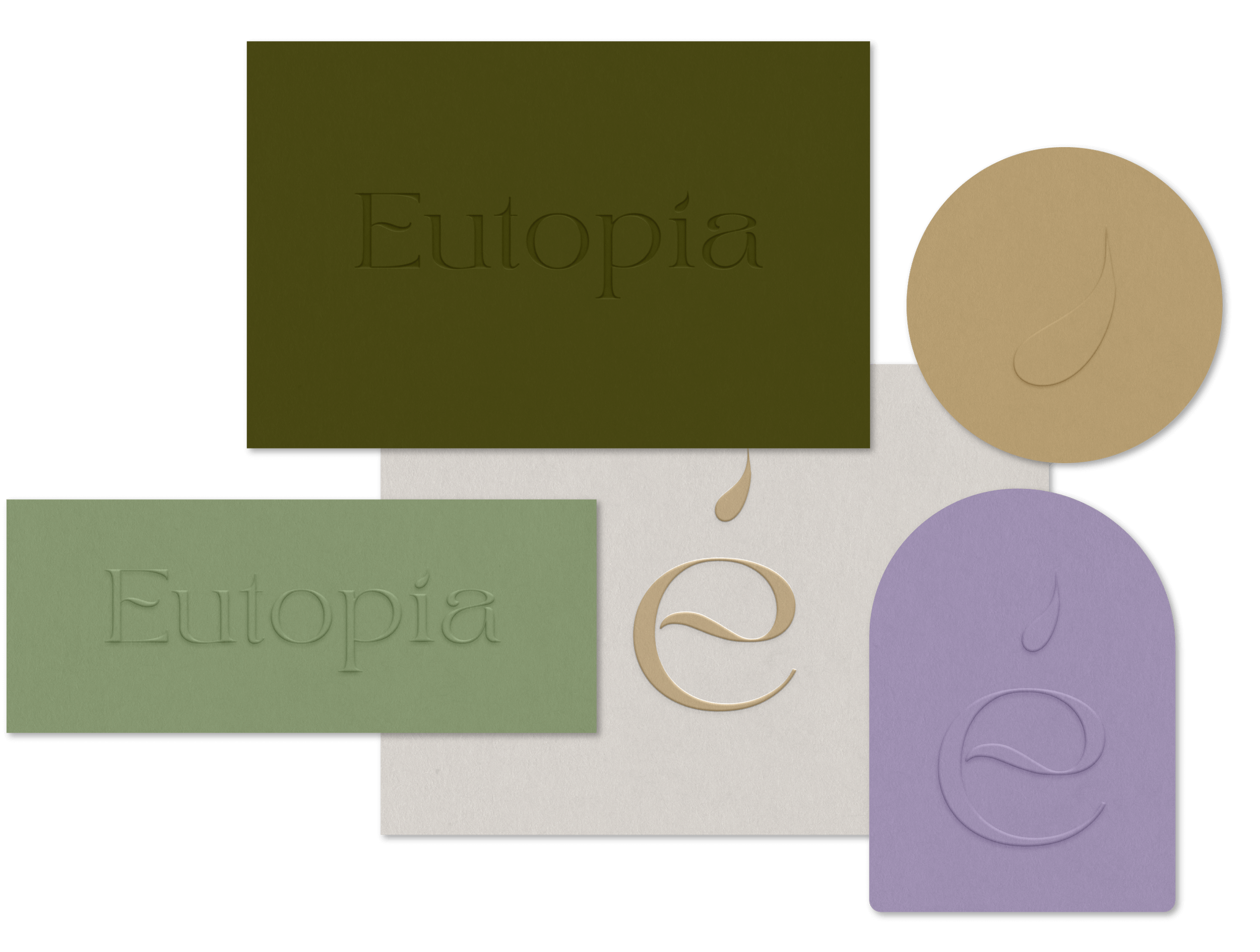 Branding mockups for Eutopía, highlighting Branding Kit and 1:1 Mentoring applied to handcrafted products for peaceful home living