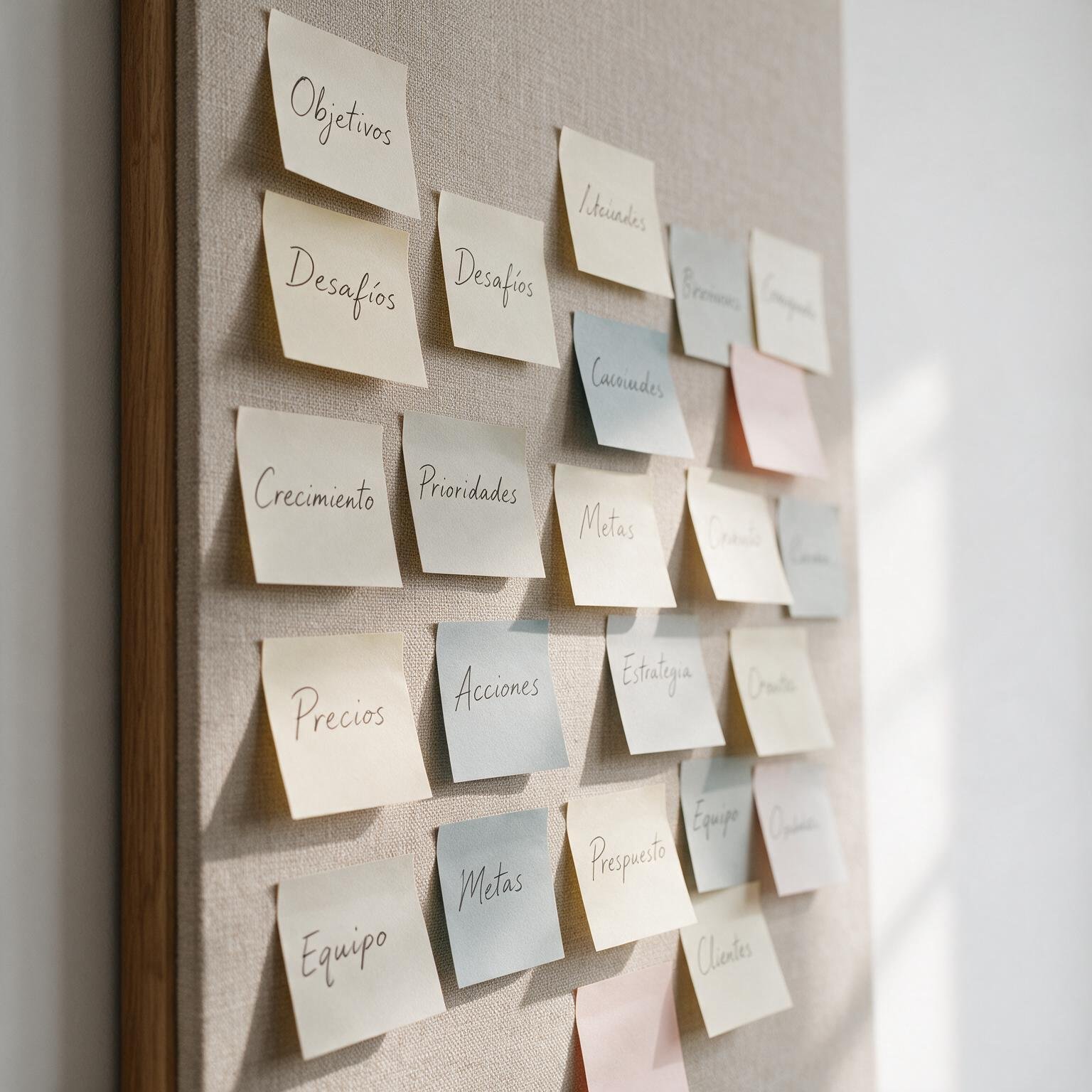 A professional, aesthetic wall panel with wooden borders, used as a strategic canvas with organized post-it notes containing business concepts in Spanish, symbolizing a collaborative and visual strategic planning process.