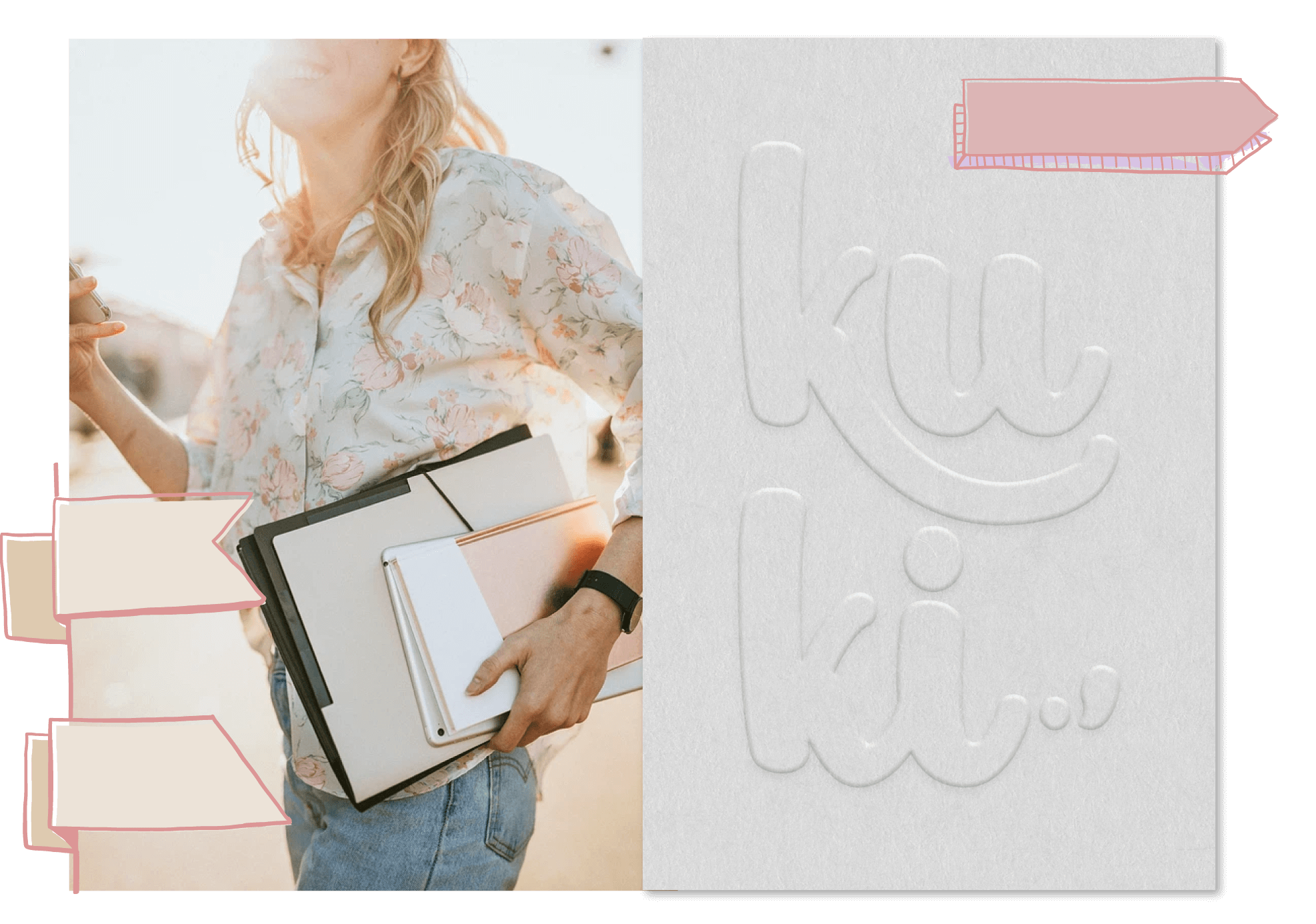 Branding mockups for KUKI, highlighting Clarity Audit, Branding Kit, and 1:1 Mentoring for organised and harmonious study spaces