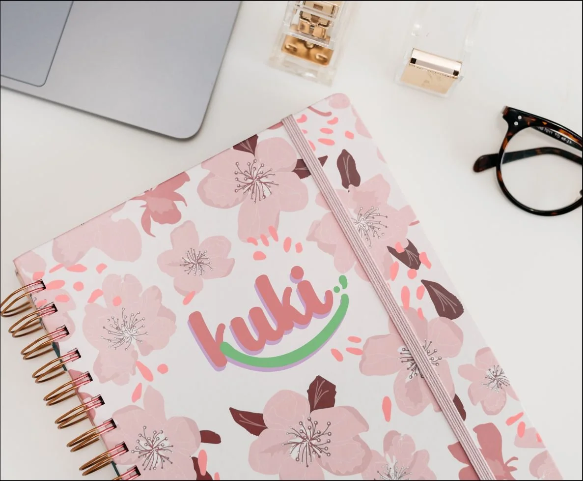 Branding mockups for KUKI, highlighting Clarity Audit, Branding Kit, and 1:1 Mentoring for organised and harmonious study spaces