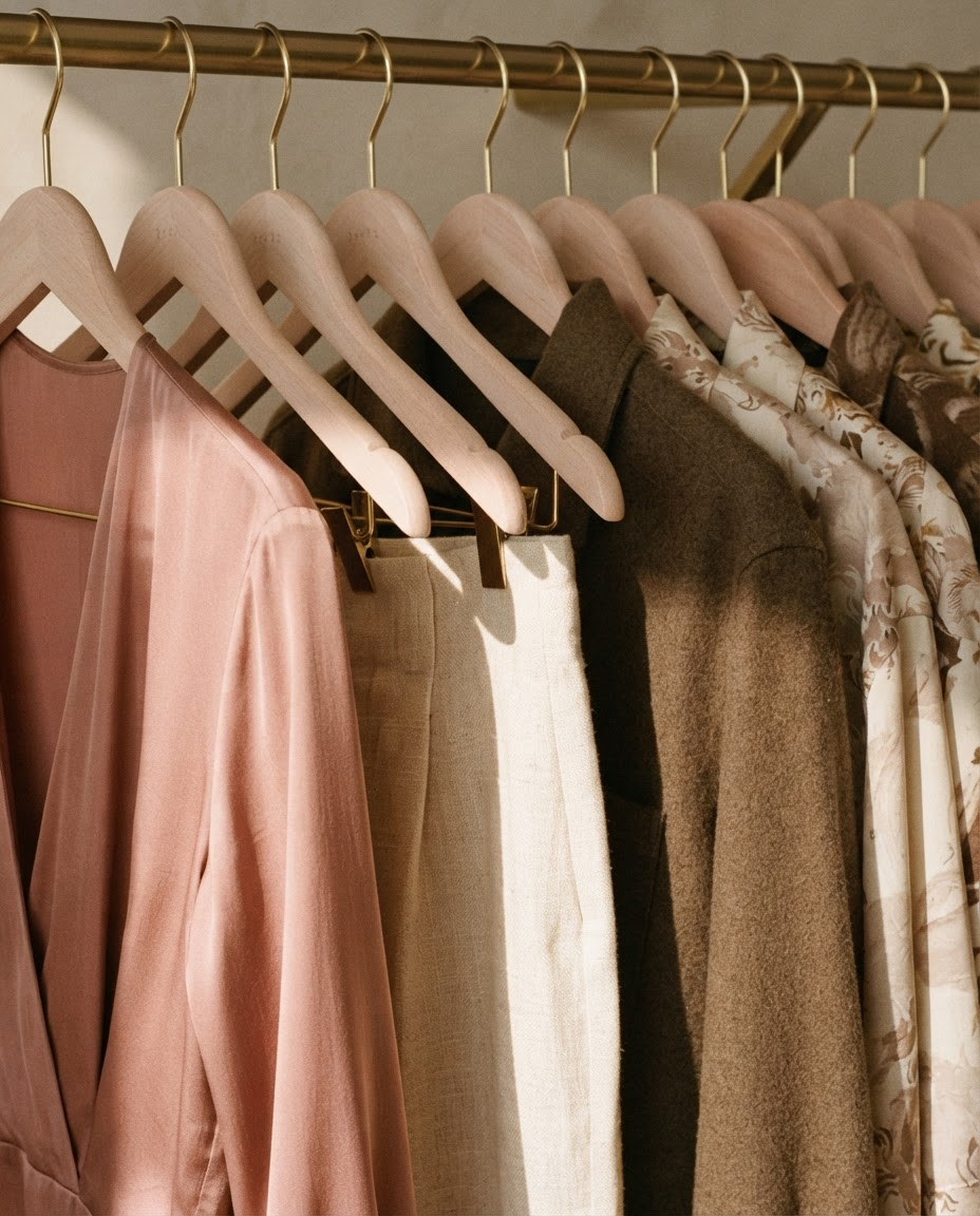 A curated selection of boutique apparel in earthy tones and soft rose, showcasing natural linen and silk textures within a warm, minimalist setting