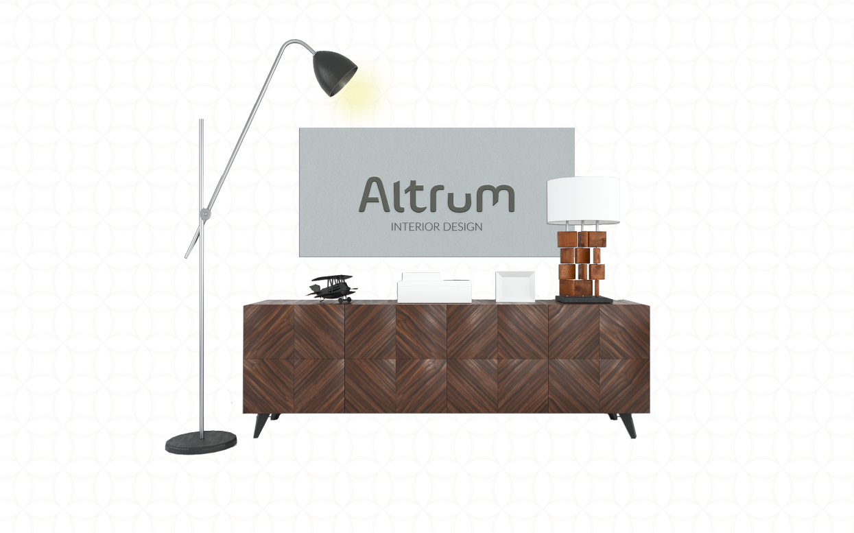 Altrum interior design branding featuring a wooden console, floor lamp, and decor.