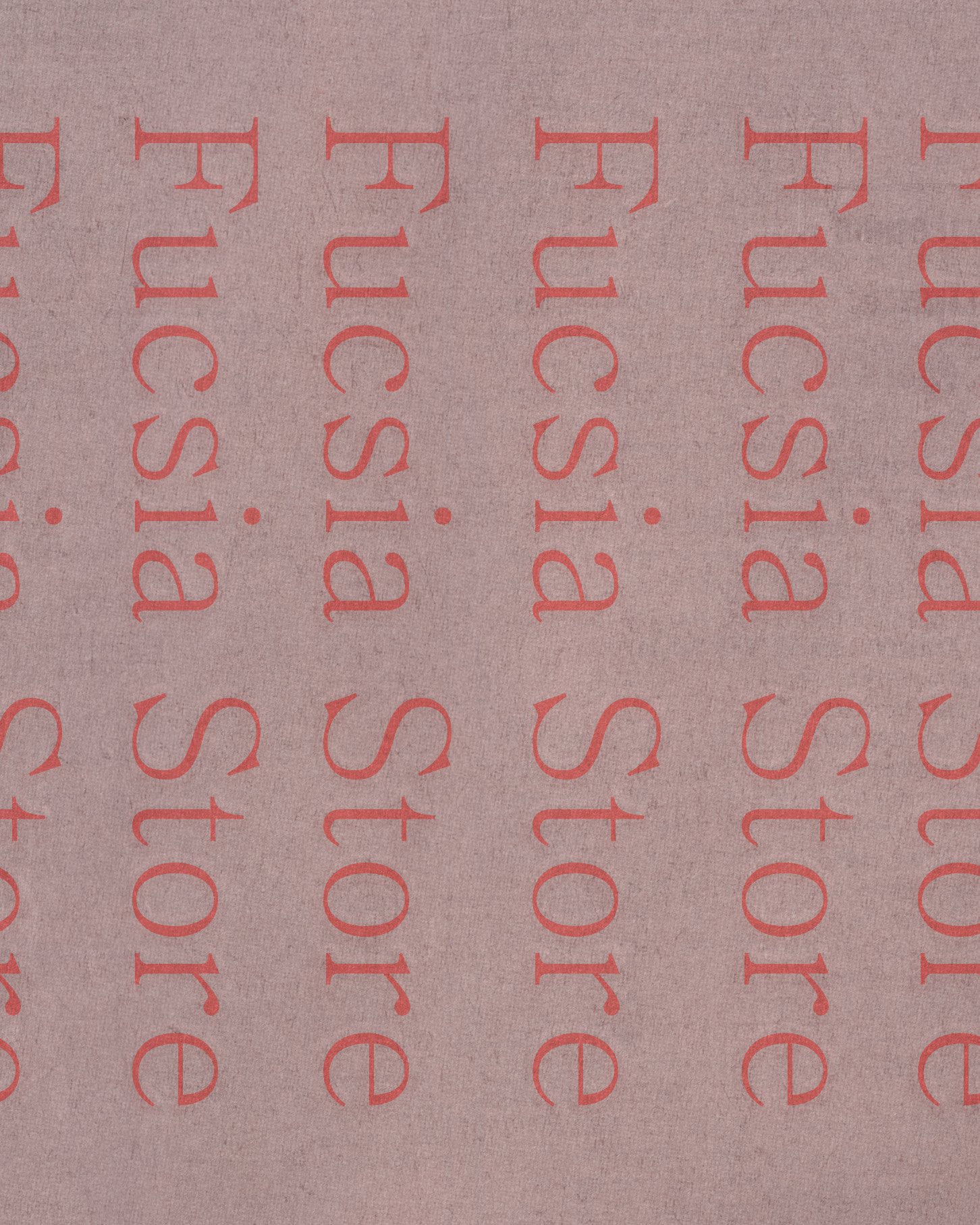 Custom-designed lightweight newsprint wrapping paper featuring a repeating 'Fucsia Store' typography pattern in a soft terracotta tone on a natural, earthy-toned background.