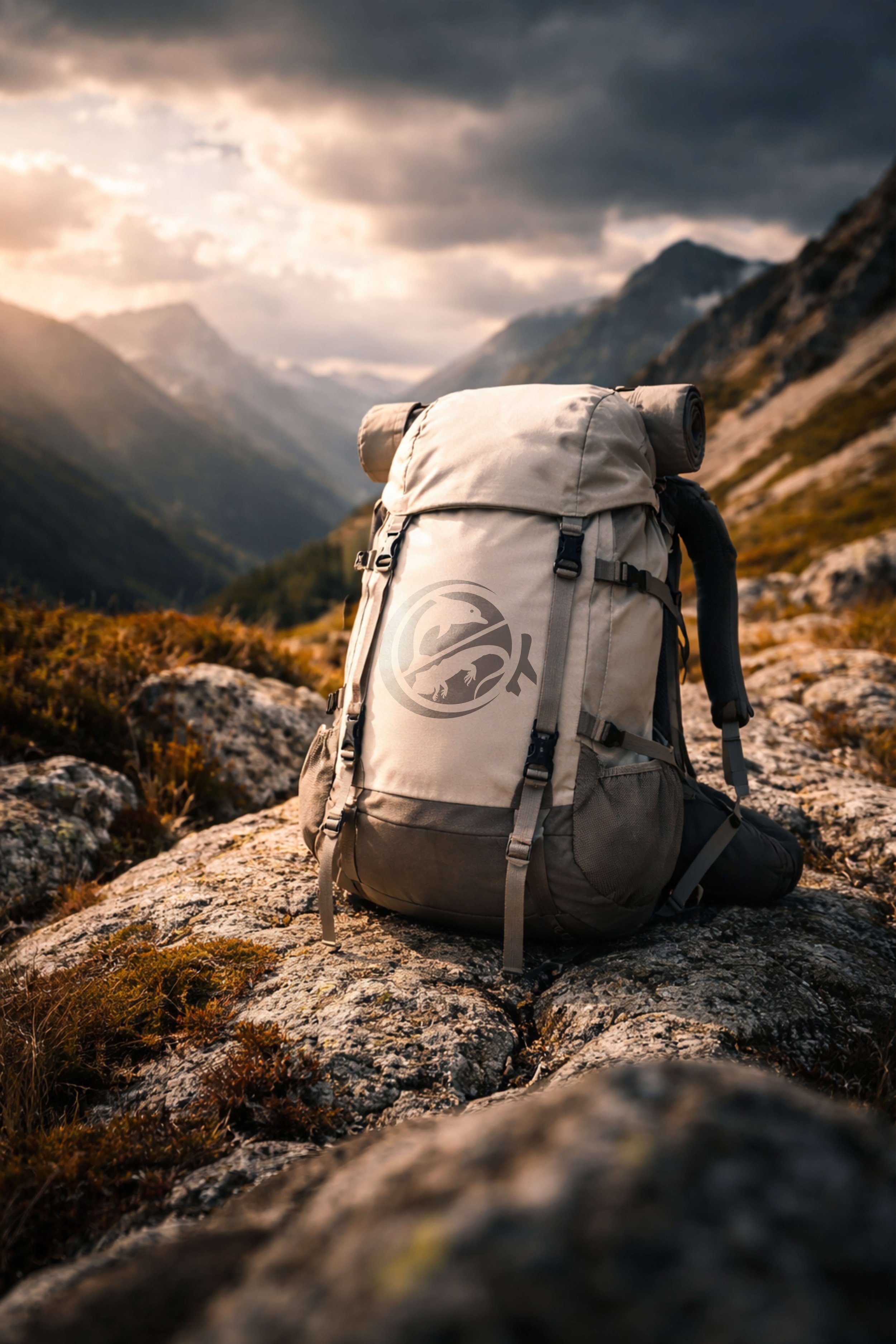 Hiking backpack on rocky ground with misty mountains and dramatic sunrise sky.