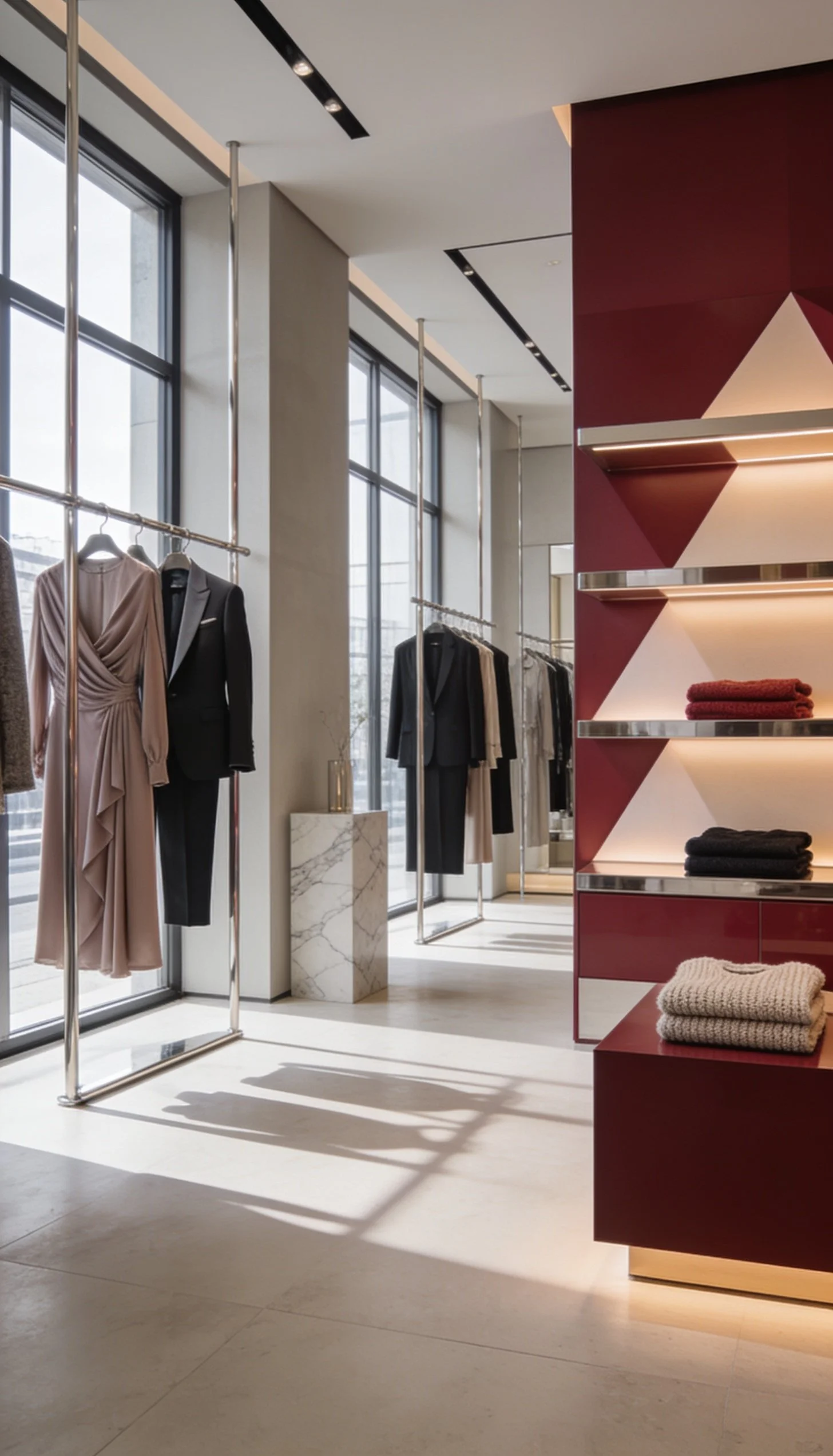 Minimalist high-end boutique interior with cherry-red display, natural light, and refined garments