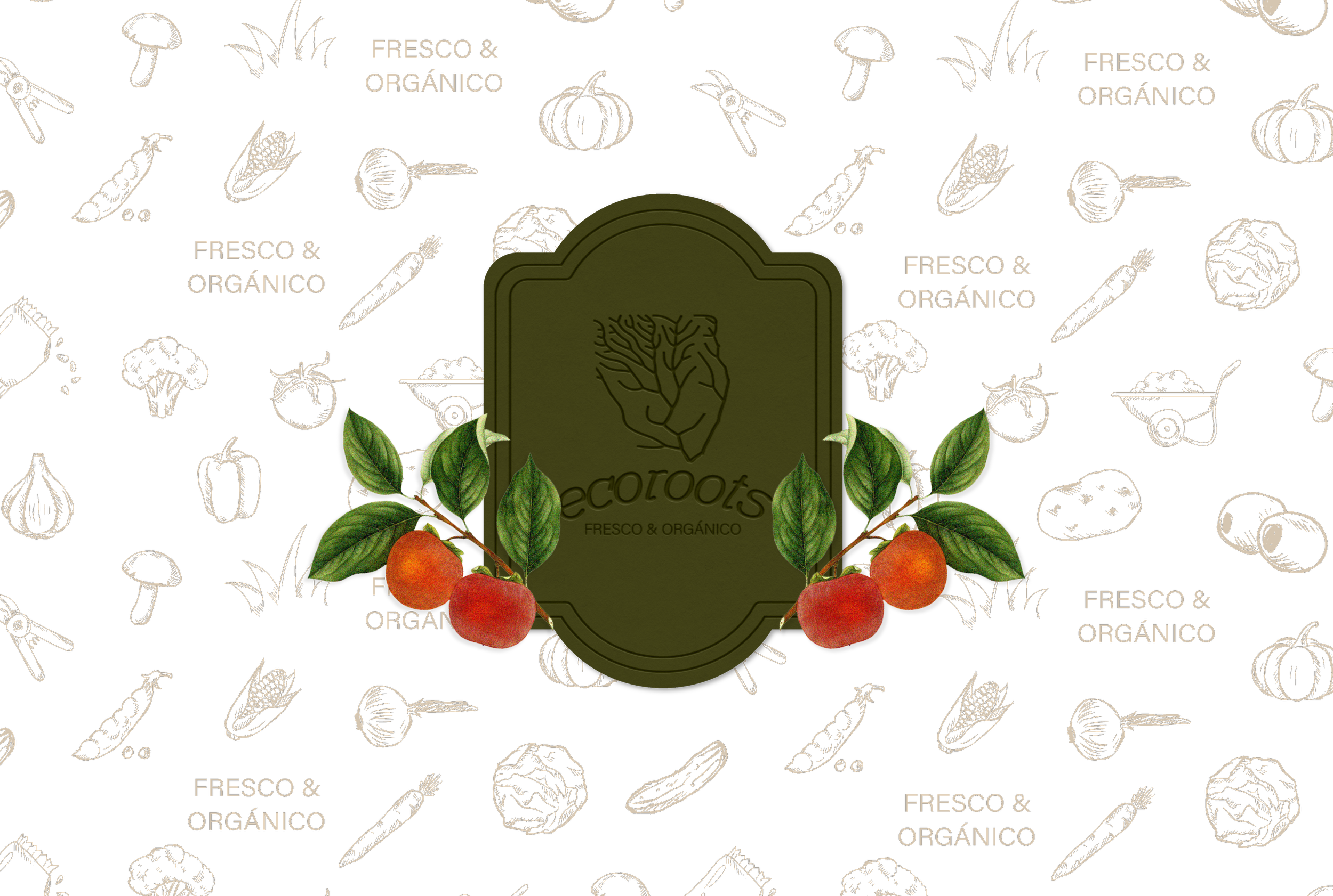 Branding mockups for Ecorrots, highlighting Branding Kit, Clarity Audit, and 1:1 Mentoring applied to their sustainable and ethical produce brand