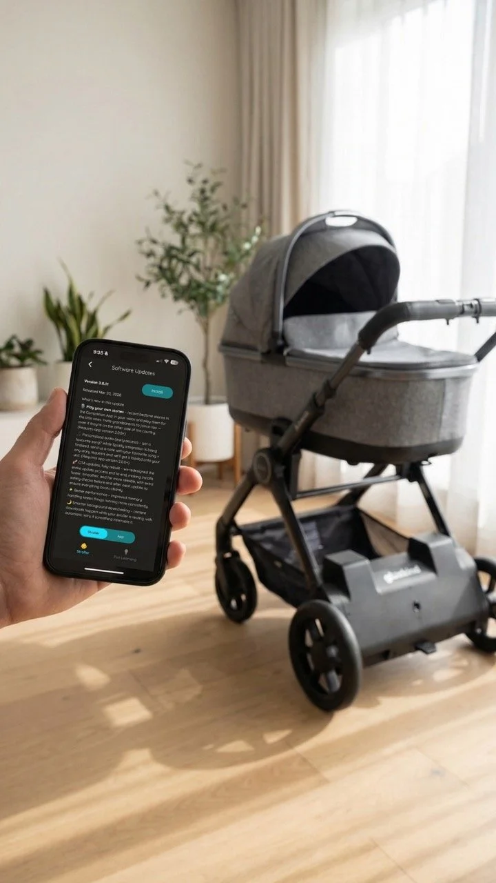 A person is holding their phone to start an over the air update of their rosa stroller with the companion app.
