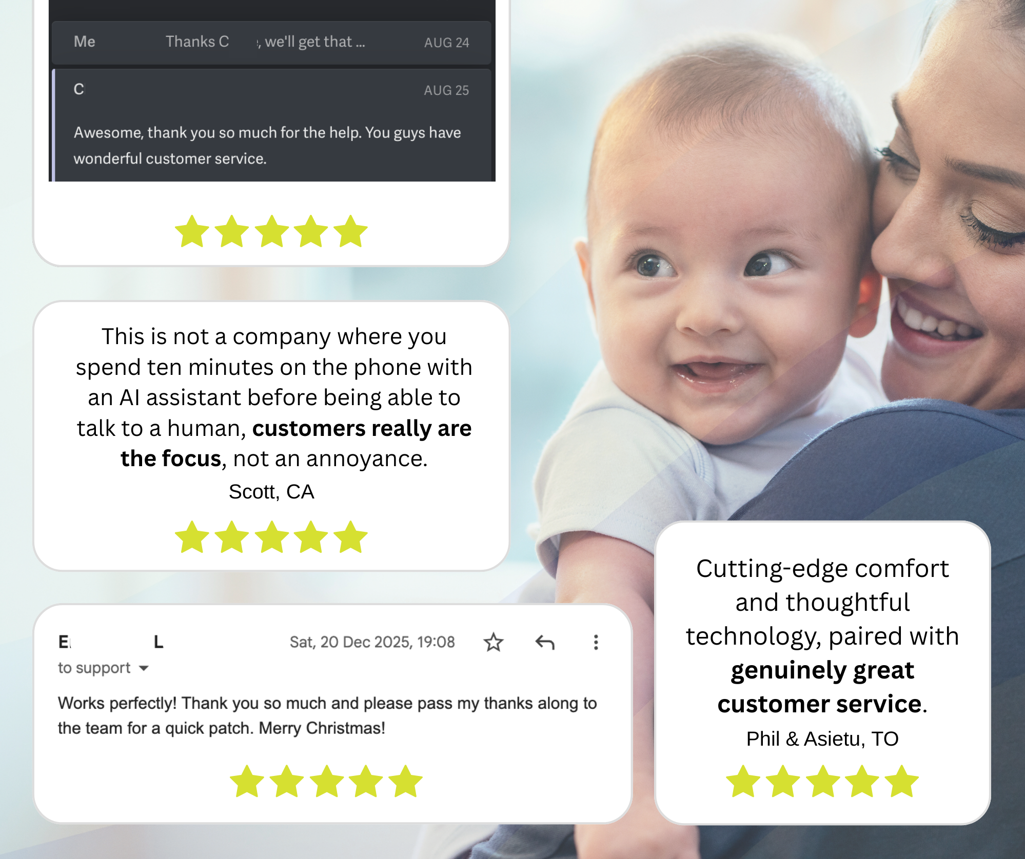 Several digital reviews and testimonials with five-star ratings indicating high satisfaction with Glüxkind's customer service and people who truly care. Background image of a smiling woman holding a happy baby.