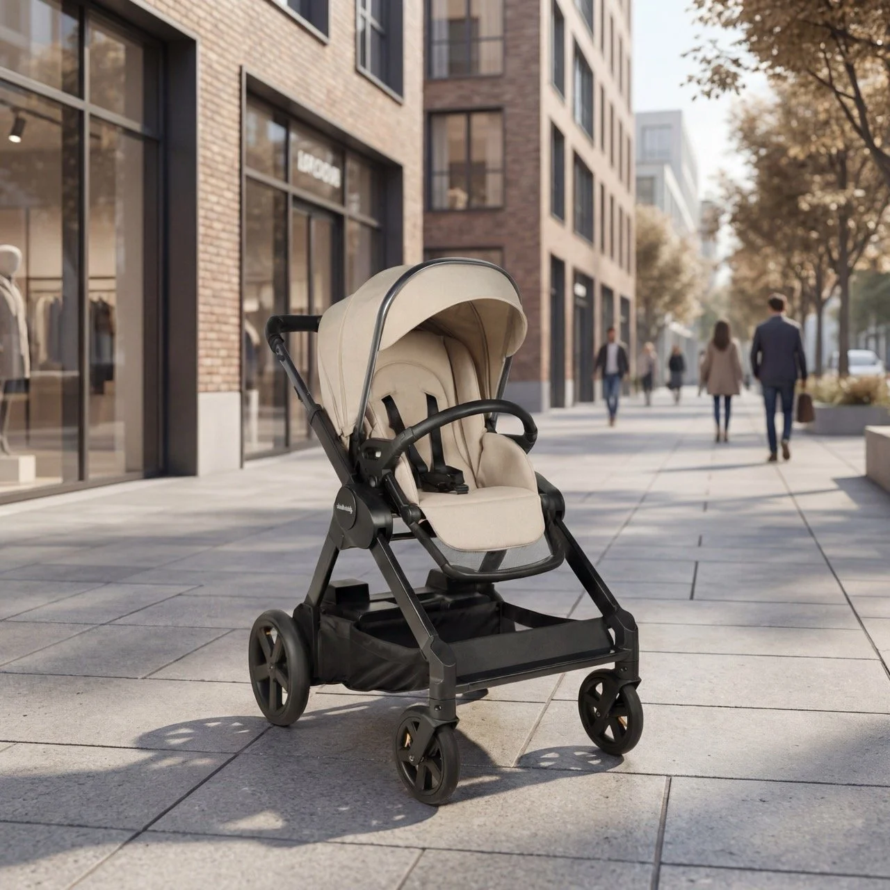 A beige gluxkind baby stroller parked on a city sidewalk with buildings and pedestrians in the background.