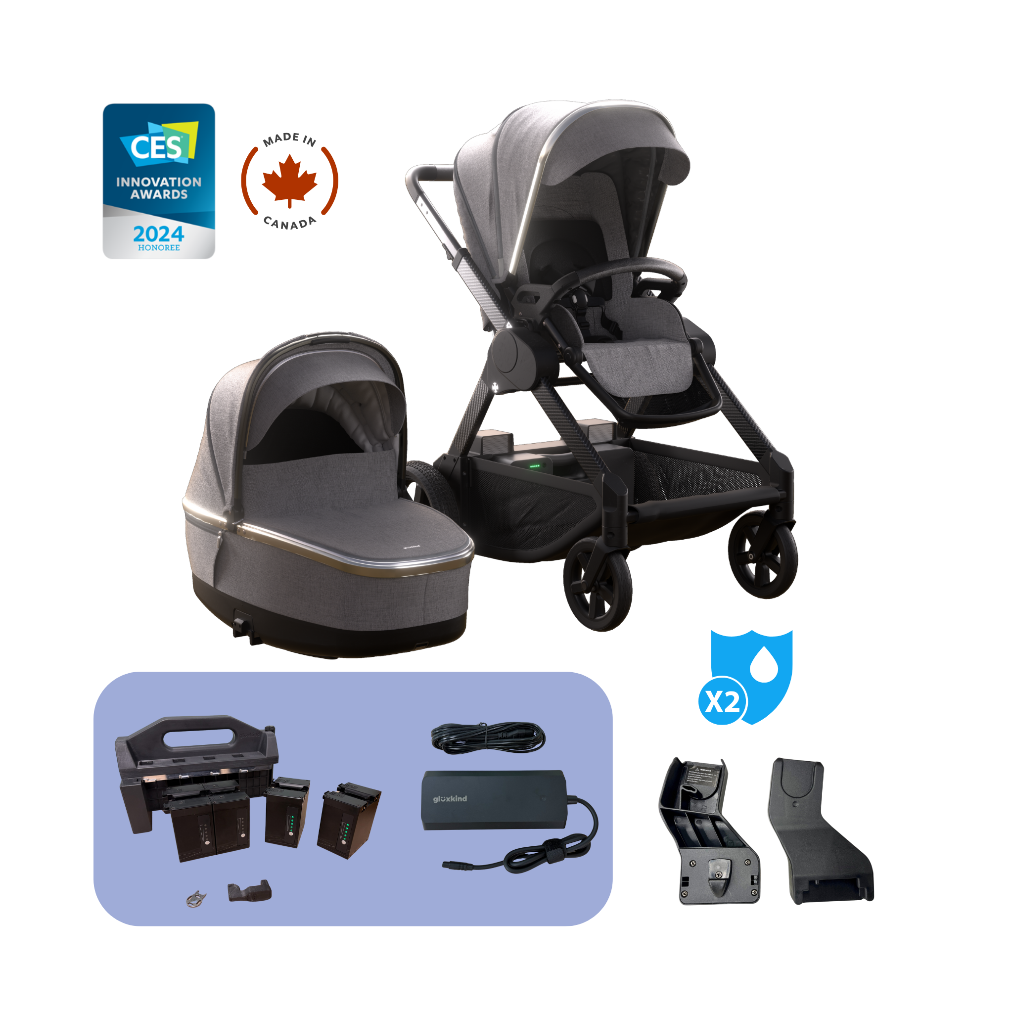 Stroller and accessories showcasing a baby stroller with additional attachments, charger, and adapters. Includes CES Innovation Award and Made in Canada labels.