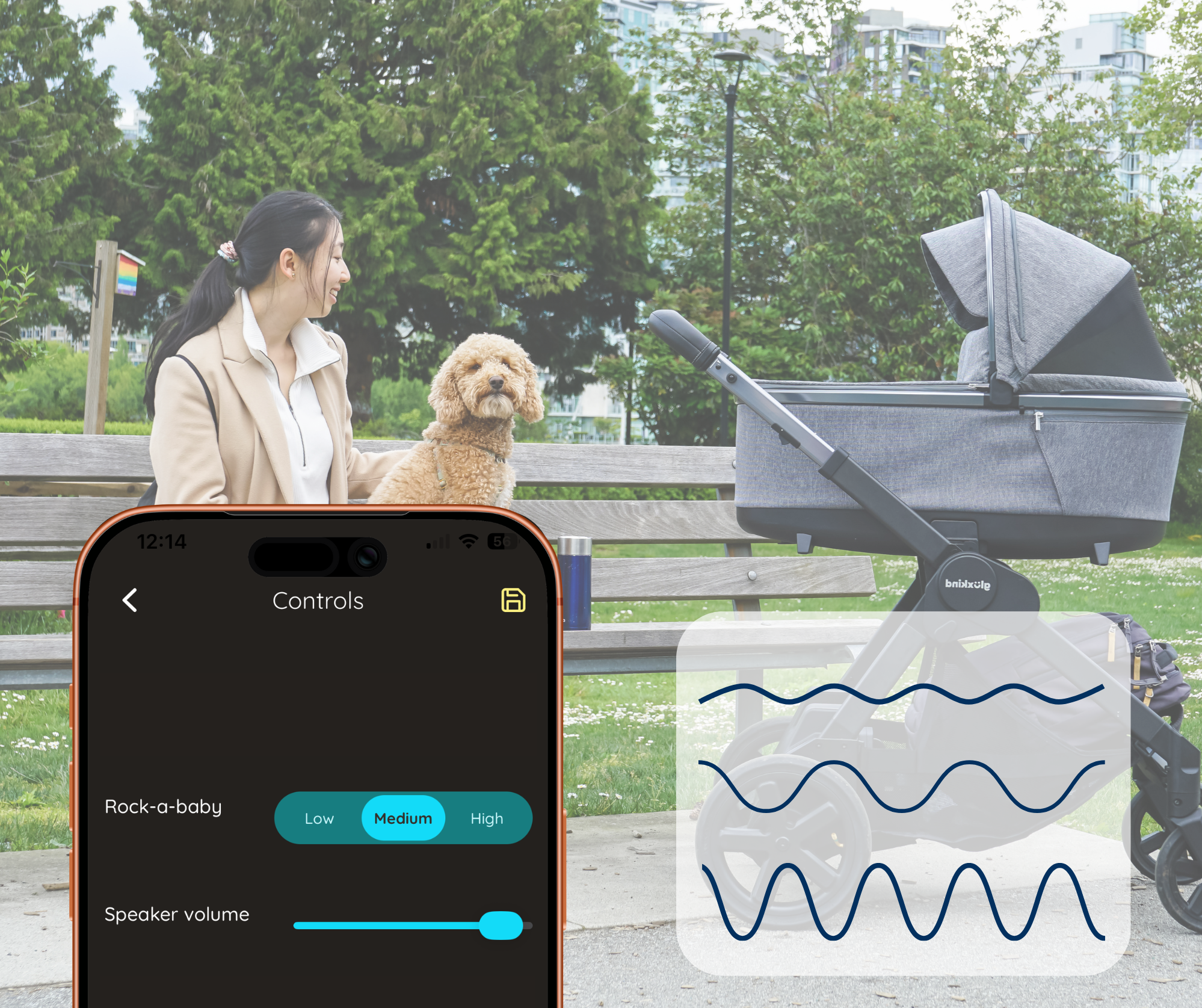 A woman sitting on a bench with a dog on her lap, looking at a smart stroller. foreground, a phone screen shows controls for settings of 'Rock-a-baby' set to medium and a speaker volume slider. diagram of wave patterns, representing rocking speed.
