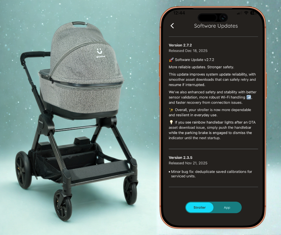 A grey stroller with newborn bassinet and a large canopy, positioned next to a smartphone displaying a software updates screen. The background is a light teal with small white dots.