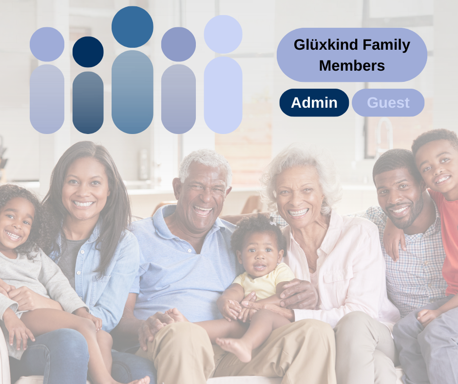 A multigenerational family sitting together on a couch, smiling, with a semi-transparent overlay of family member role labels and access levels labeled 'Admin' and 'Guest'.
