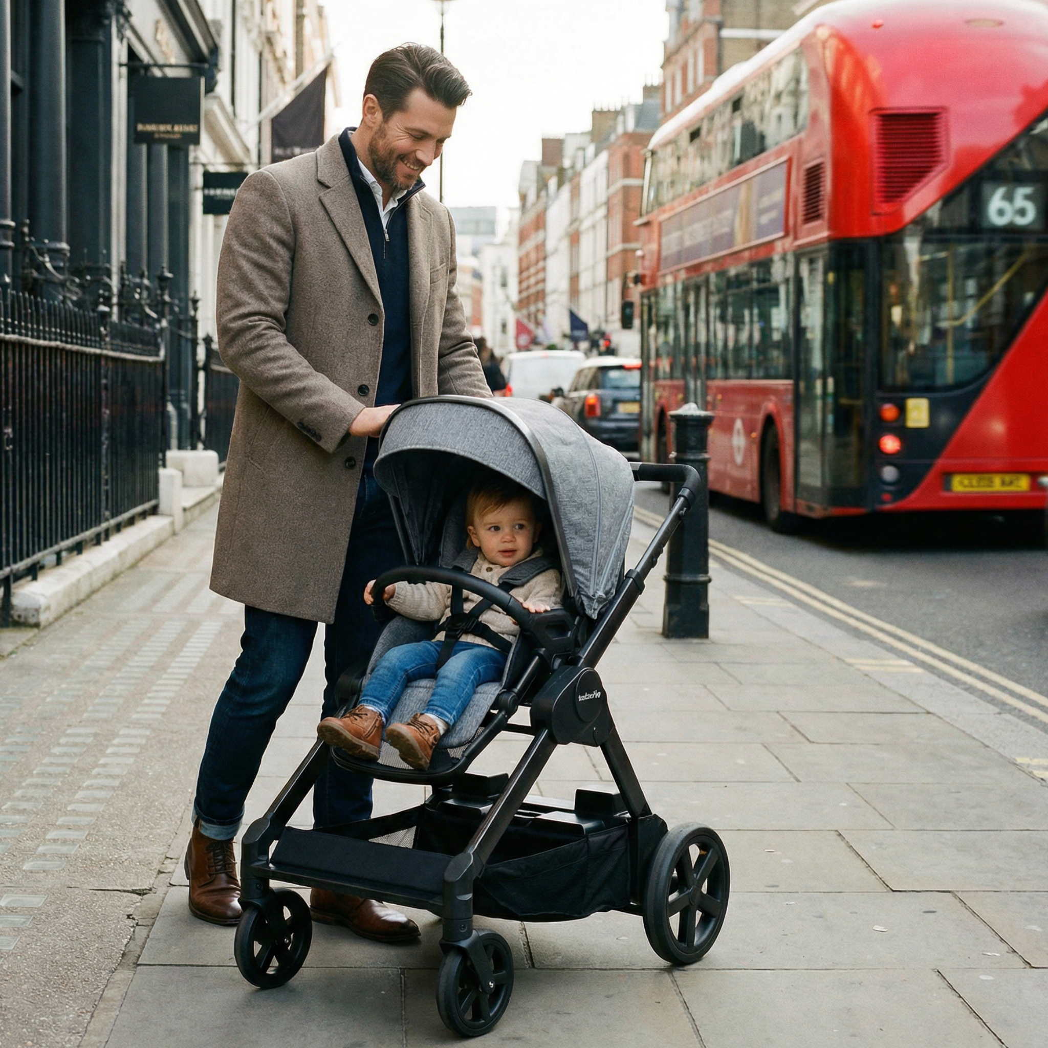 man smiling at his child in a gluxkind rosa stroller in the city on a sidewalk