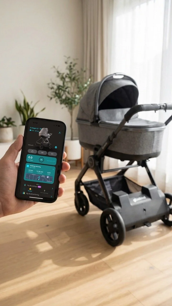 A person holding a smartphone displaying an app to control a gluxkind stroller, which is positioned on a wooden floor near a window with curtains, with houseplants in the background.