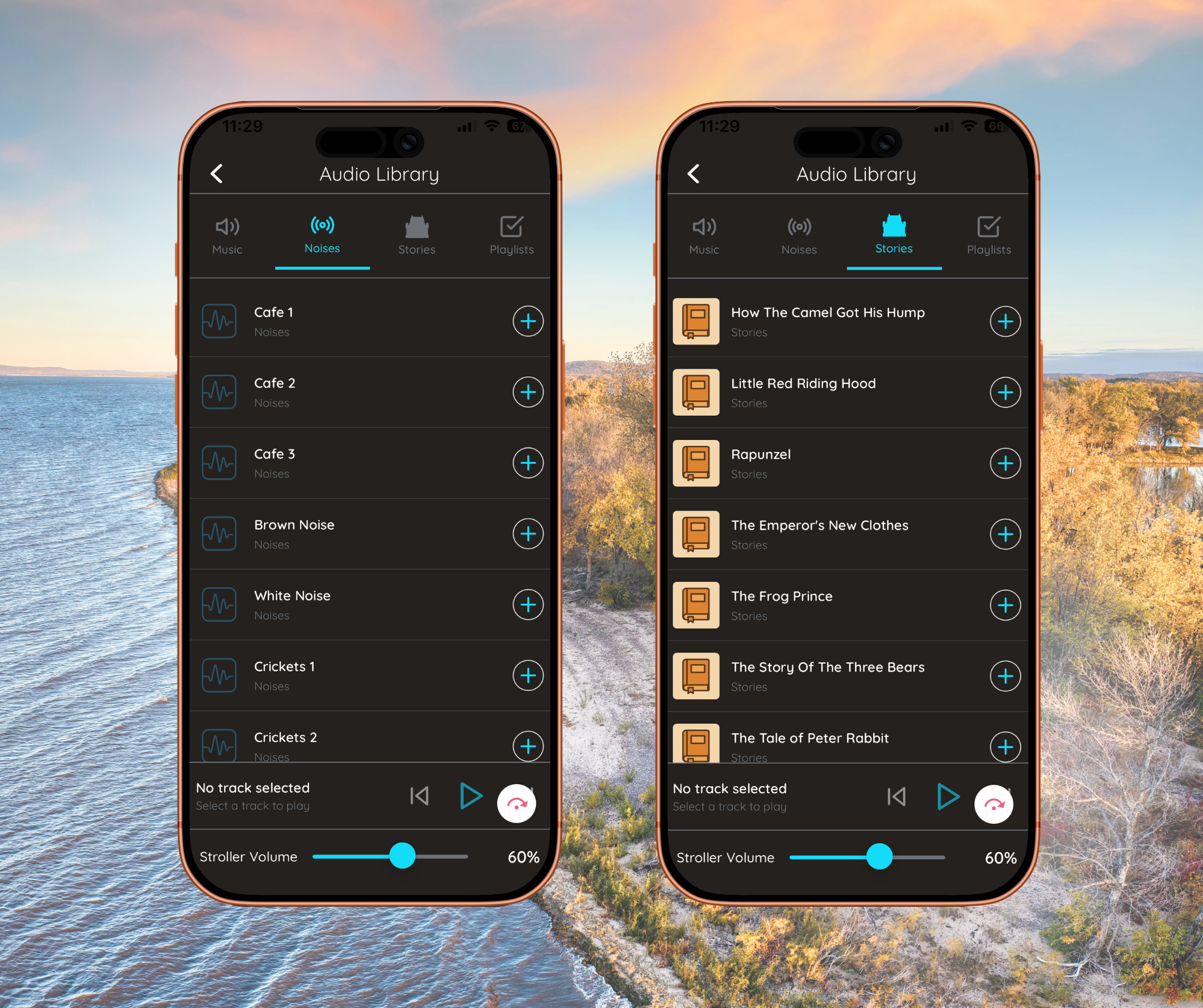 Two smartphones displaying an audio library app, one with a 'Noises' tab open and the other with a 'Stories' tab open, against a background of a river and trees with colorful autumn leaves.