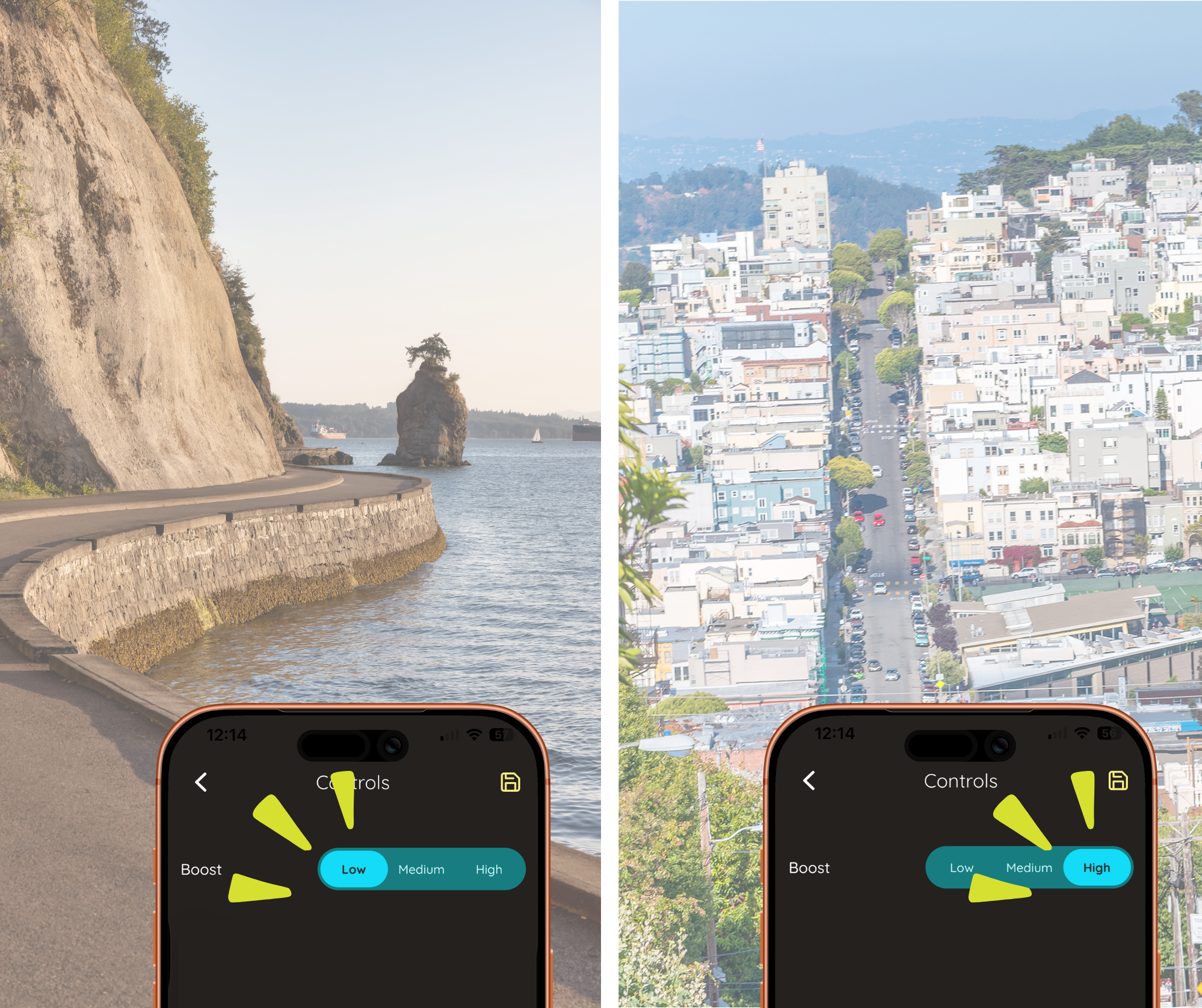 Side-by-side comparison of two city views, one of a flat coastal path, the other of a very hilly residential area. Both show a smartphone interface labeled 'Controls' with a toggle for 'Boost' set to low for the flat path and high for hills.