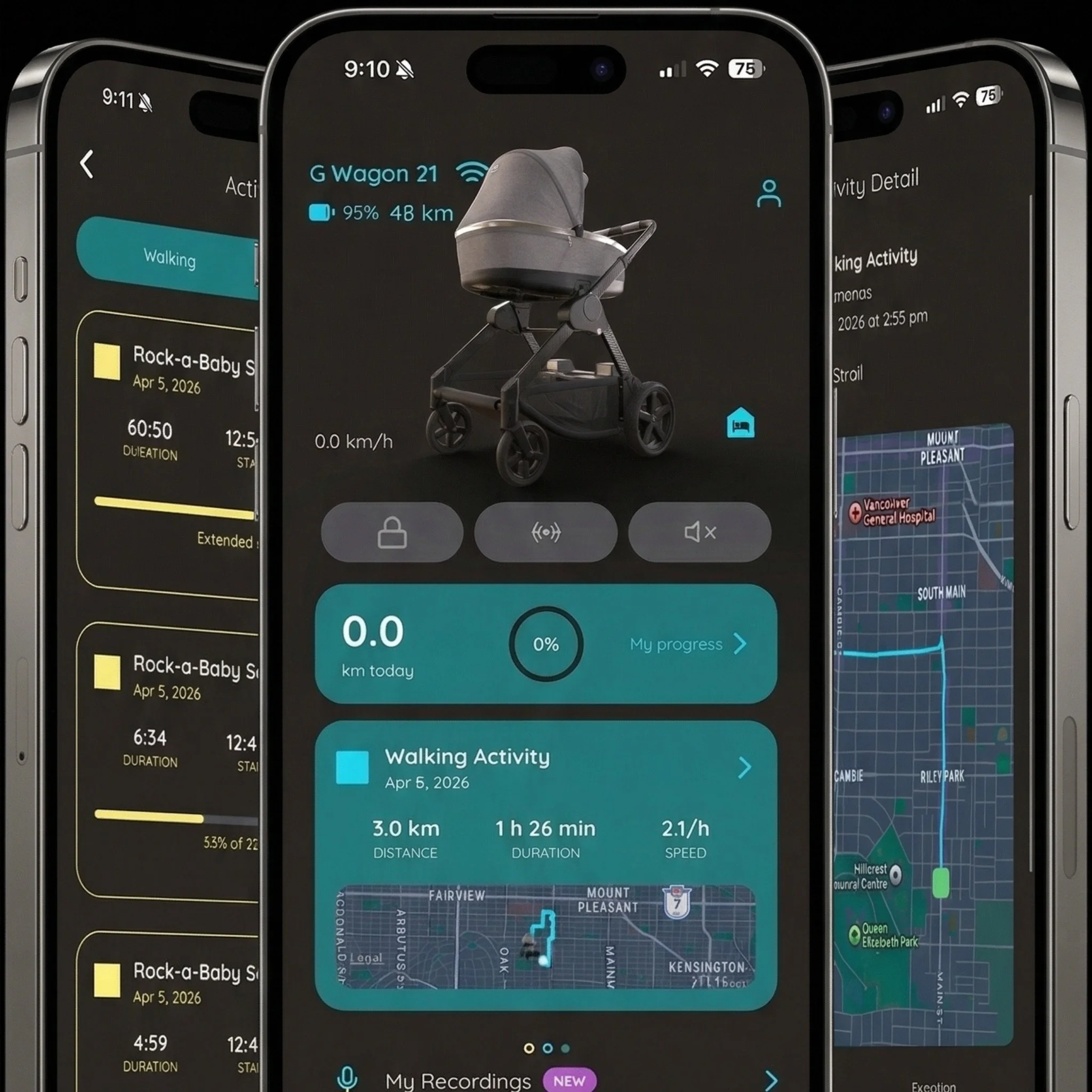 Smartphone screens displaying a baby stroller app with a map, activity data, and fitness tracking information. Gluxkind companion app.
