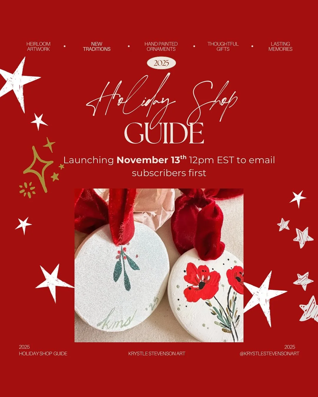 I cannot contain my excitement. My 2025 Holiday Shop officially opens Nov 13th (this THURSDAY!!!). 

Email subscribers with get early access at 12pm and the shop will open publicly the following morning. 

Please subscribe TODAY for the best selectio