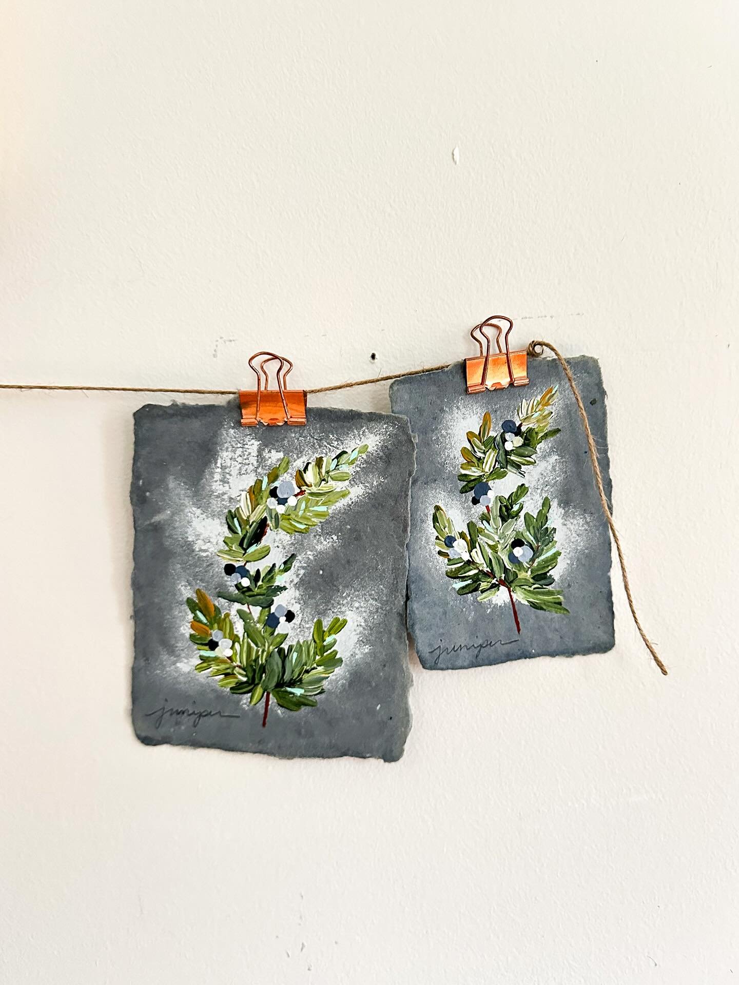 Multiple versions of Frosted Juniper coming this Thursday. All inspired by our annual Christmas Day forest walk where we often see snow covered juniper✨

I made some tiny on handmade papers and some on a more sturdy canvas to accommodate different bu