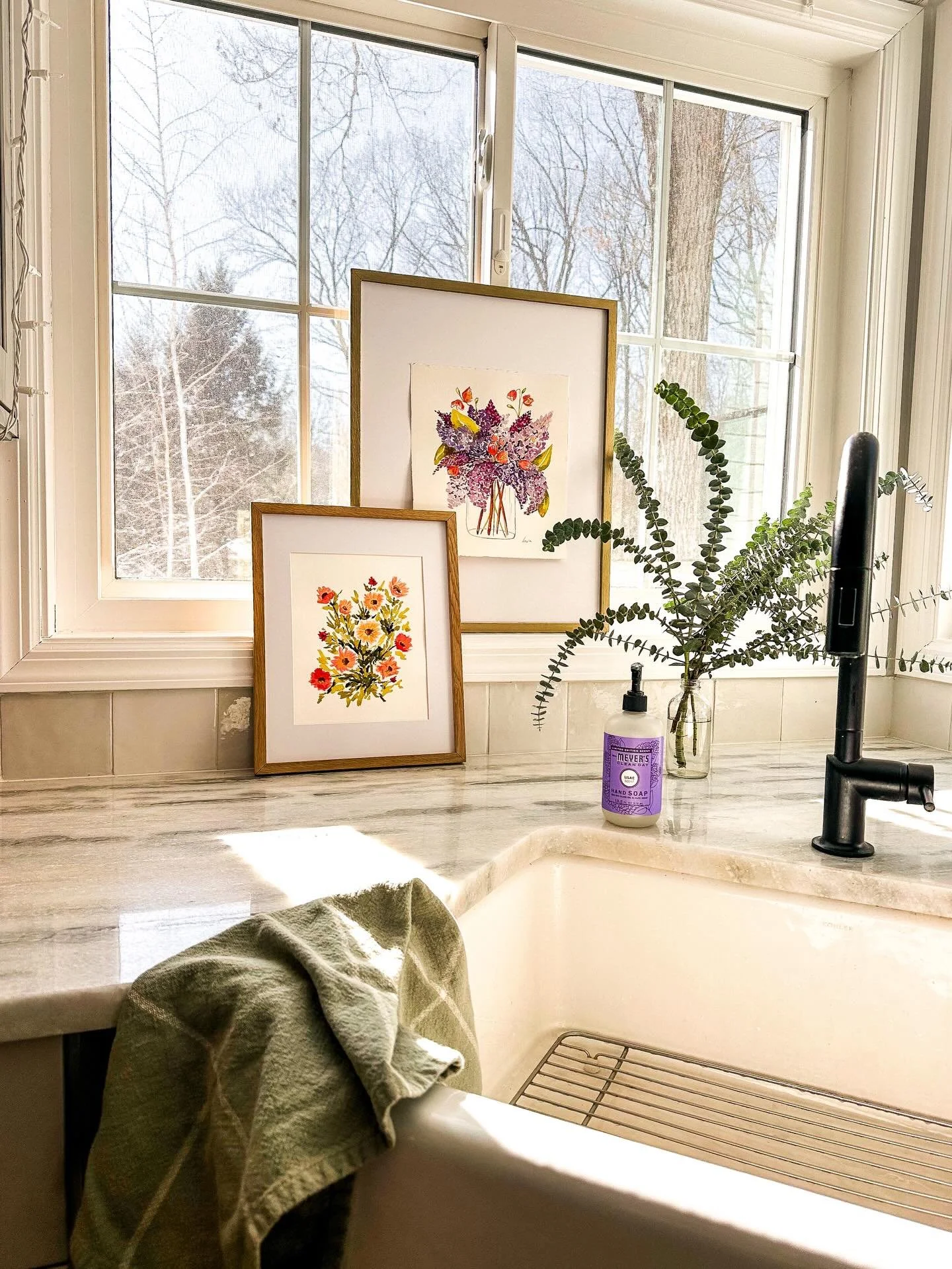 Strategically placing color and natural things in my own home to help with those winter blues. 

A pop of lilac blooms and a spray of calendula reminds me spring is coming.